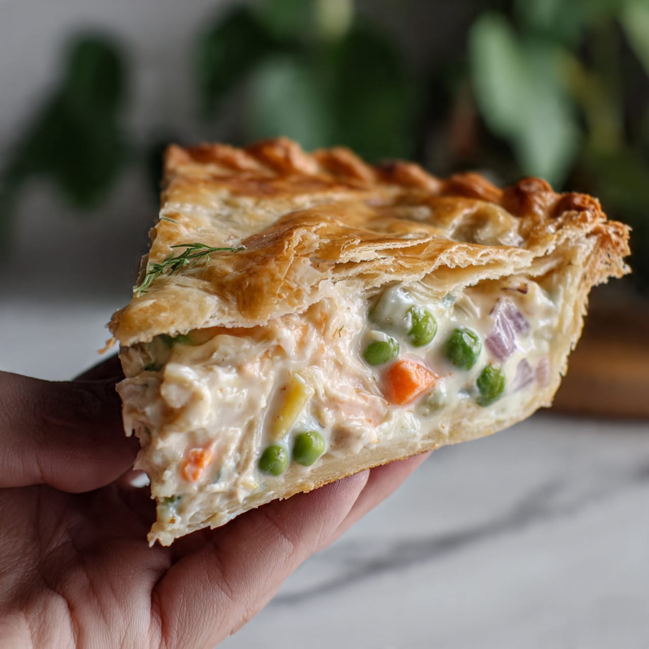 The image shows a thick slice of pot pie held by a woman's hand. The pot pie has a golden, flaky top crust with visible uneven layers. Inside, there are two main layers: one filled with creamy white sauce mixed with green peas and small orange carrot pieces, and the other layer below shows more vegetables including diced purple onions. The edges of the crust are slightly darker with a crispy texture. The background is softly blurred with green plants, and the surface below has a white marbled texture. photo taken with an iphone --ar 4:5 --v 7