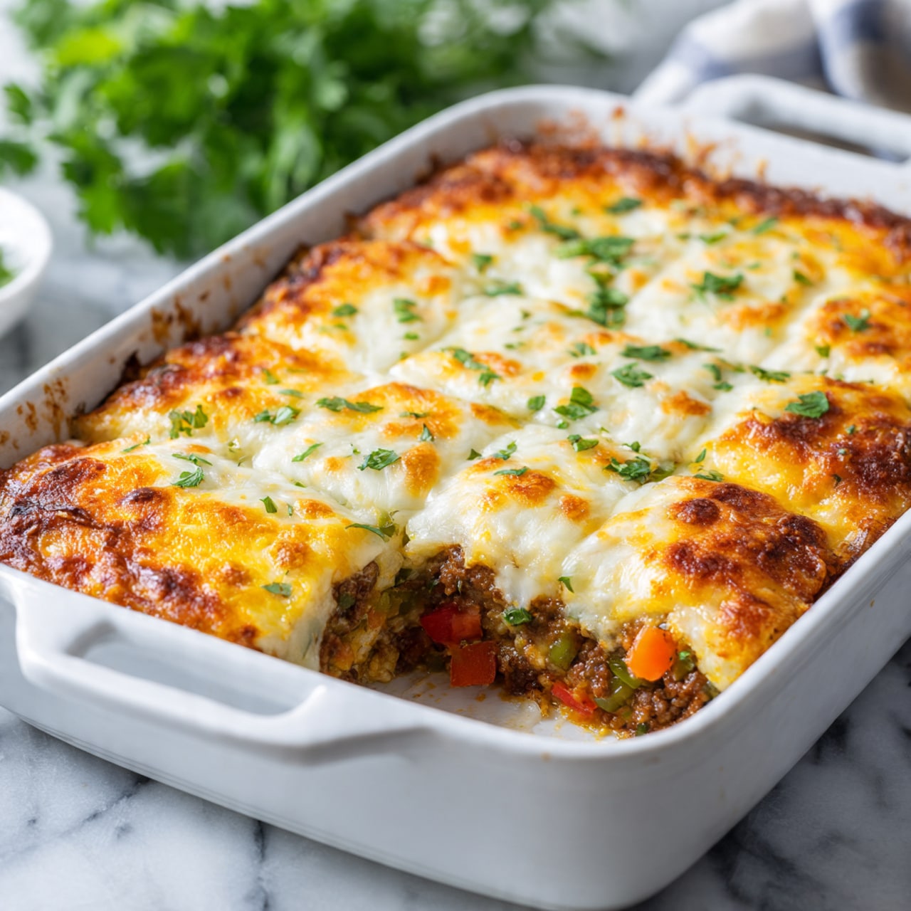 The image shows a white baking dish filled with a baked casserole. The top layer is golden brown and bubbly cheese with small bits of melted cheese and browned spots evenly spread. Underneath, bits of red and green vegetables peek through the cheese, adding specks of color. The casserole is cut into rectangular pieces. The dish is placed on a white marbled surface, and there are some blurred green herbs in the background, giving a fresh look. photo taken with an iphone --ar 4:5 --v 7