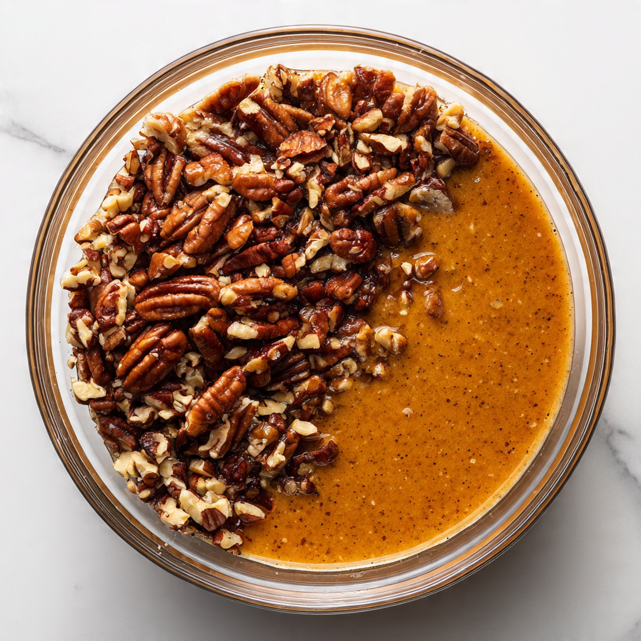 The image shows a clear glass bowl on a white marbled surface filled halfway with an orange-brown mixture, which looks soft and slightly lumpy. On top of the mixture, there is a thick layer of whole and chopped dark brown pecans, mostly covering one side of the bowl. The textures clearly show the smooth mix underneath and the rough, crunchy nuts layered in contrast. Photo taken with an iphone --ar 4:5 --v 7