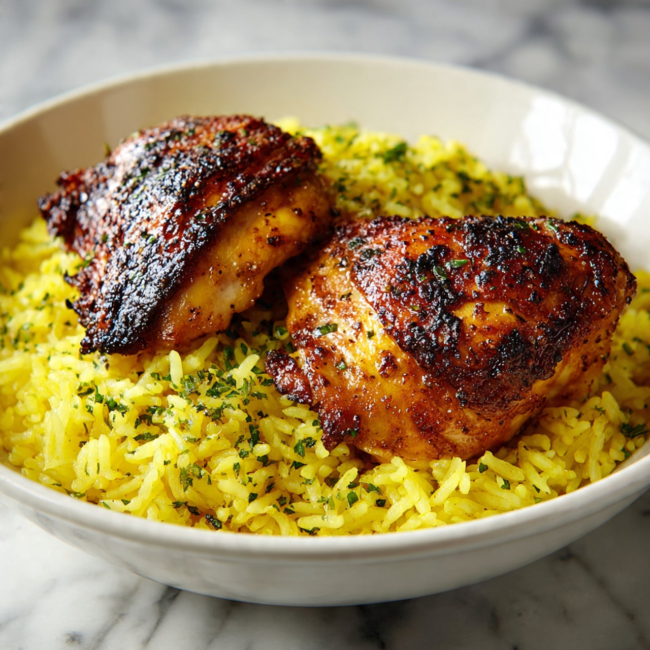 The image shows two pieces of cooked chicken with golden brown crispy skin placed on top of a bed of yellow rice mixed with herbs. The chicken pieces have a textured surface with some charred spots, showing they are well-roasted. The rice beneath looks fluffy and moist, filling the white bowl fully. The colors focus on warm yellow and brown tones with small green herb bits scattered in the rice. The white bowl is sitting on a white marbled surface. photo taken with an iphone --ar 4:5 --v 7