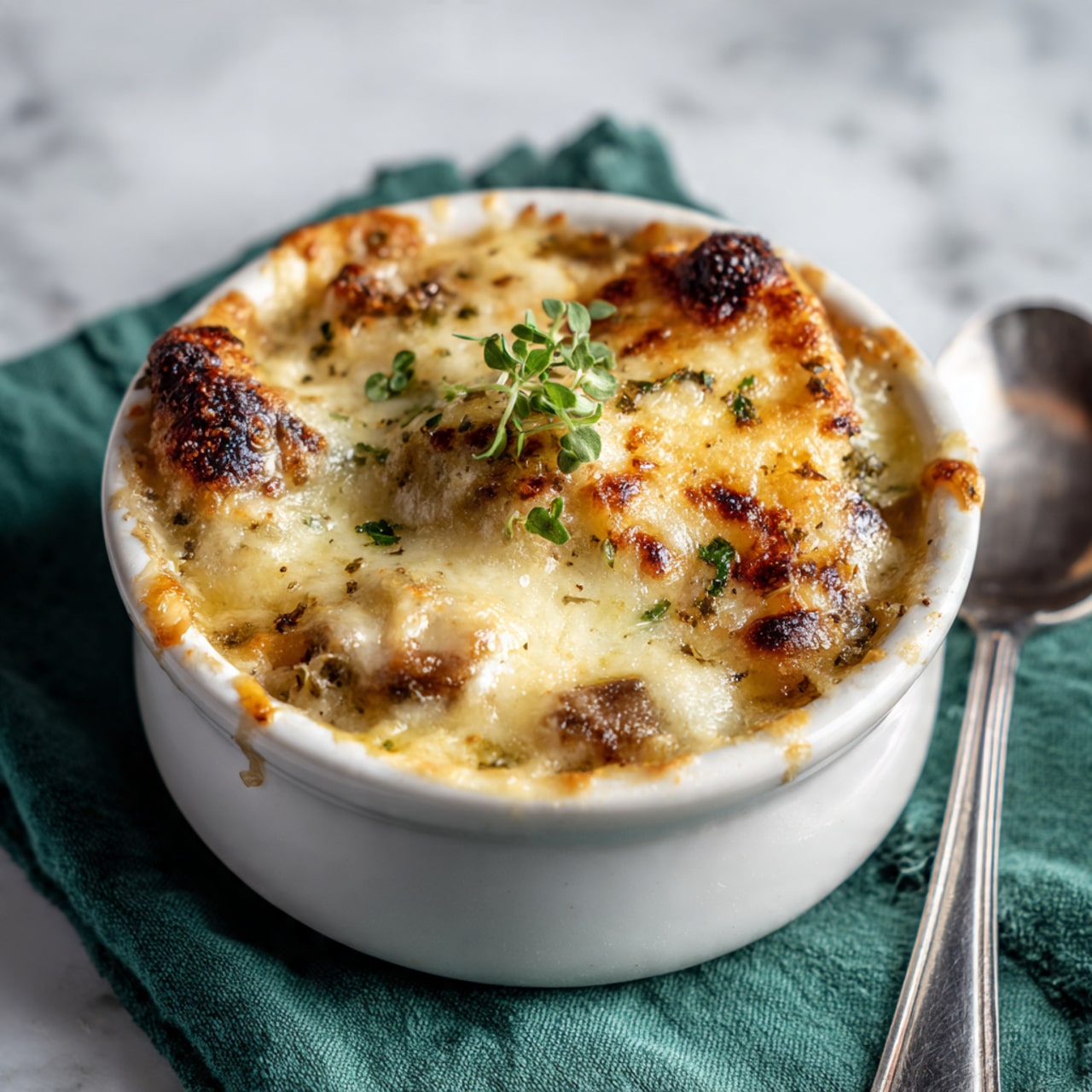 The image shows a small round white bowl filled with baked food, topped with melted golden cheese that has some darker browned spots where it is cooked more. A few small browned chunks are partly visible under the cheese layer. On top, there is a small green herb stem for decoration. The bowl is placed on a white marbled surface next to a green cloth napkin. A silver spoon rests to the right of the bowl. The lighting is soft, highlighting the texture of the melted cheese and the crisped bits. Photo taken with an iphone --ar 4:5 --v 7