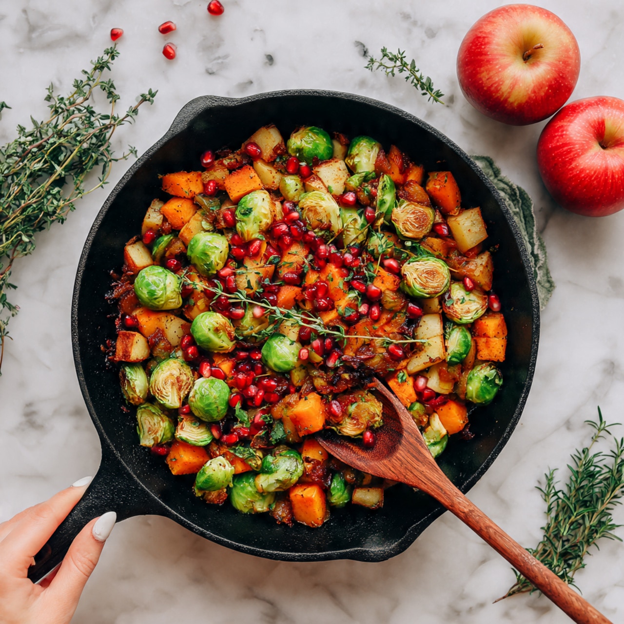 The image shows a dark cast iron skillet filled with a layered dish. The bottom layer is made of small, light brown roasted potato chunks with a slight crisp. On top, there are green Brussels sprouts scattered evenly, mixed with orange sweet potato pieces. Bright red pomegranate seeds are sprinkled over the dish, adding a jewel-like contrast. Fresh green thyme sprigs are placed on top, adding texture and color variation. The skillet is set on a white marbled surface with two red apples and sprigs of herbs nearby. A woman's hand holds a wooden spoon resting inside the skillet. Photo taken with an iphone --ar 4:5 --v 7