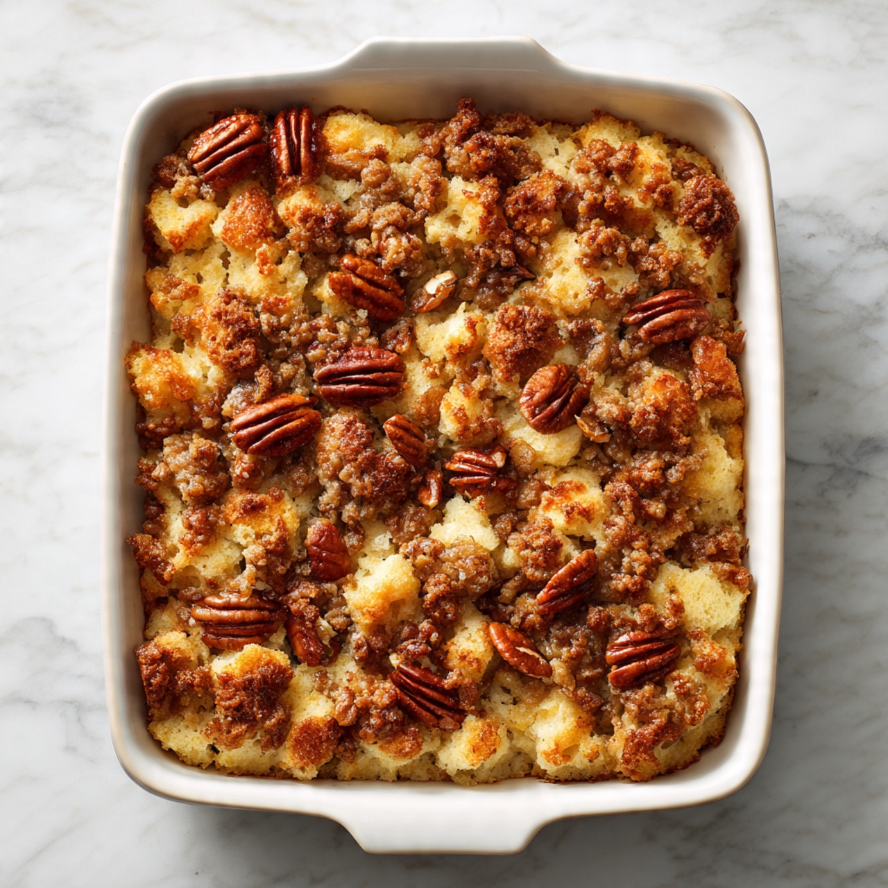 The dish is a baked casserole in a white rectangular ceramic dish. It has a crumbly, golden brown topping mixed with pecan halves scattered evenly on top. The crumb layer looks crunchy with small clusters and a rough texture. Below the topping, soft chunks of a lighter color are visible, likely bread cubes or a soft base, partially covered by the topping. The background is a white marbled surface, adding a clean and bright setting. photo taken with an iphone --ar 4:5 --v 7