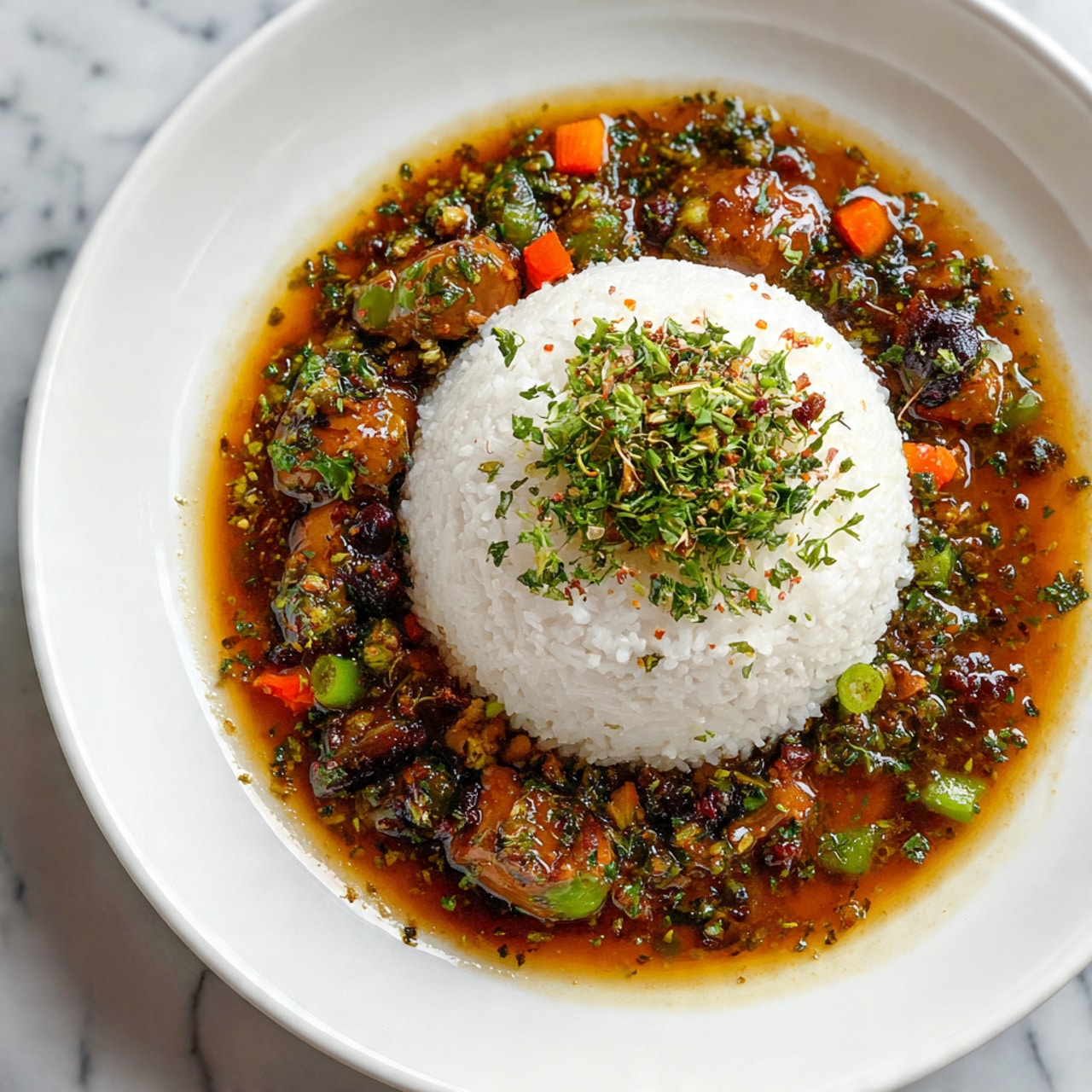 The image shows a white plate with a mound of white rice in the center, topped with small bits of green herbs. Around the rice is a brown sauce with visible pieces of cooked meat and small green and orange vegetable chunks. The sauce has a shiny, smooth texture, and the ingredients are evenly spread around the rice. The background is a white marbled surface. photo taken with an iphone --ar 4:5 --v 7