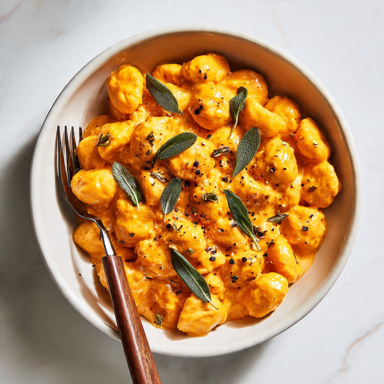 The image shows a bowl of round pasta pieces covered in a thick orange sauce with visible herbs and small bits mixed in. The pasta is topped with fresh sage leaves scattered on top for a green contrast. The bowl is white and round, placed on a white marbled surface. A fork with a wooden handle rests inside the bowl on the left side. The lighting is warm, highlighting the texture and creamy look of the sauce. photo taken with an iphone --ar 4:5 --v 7