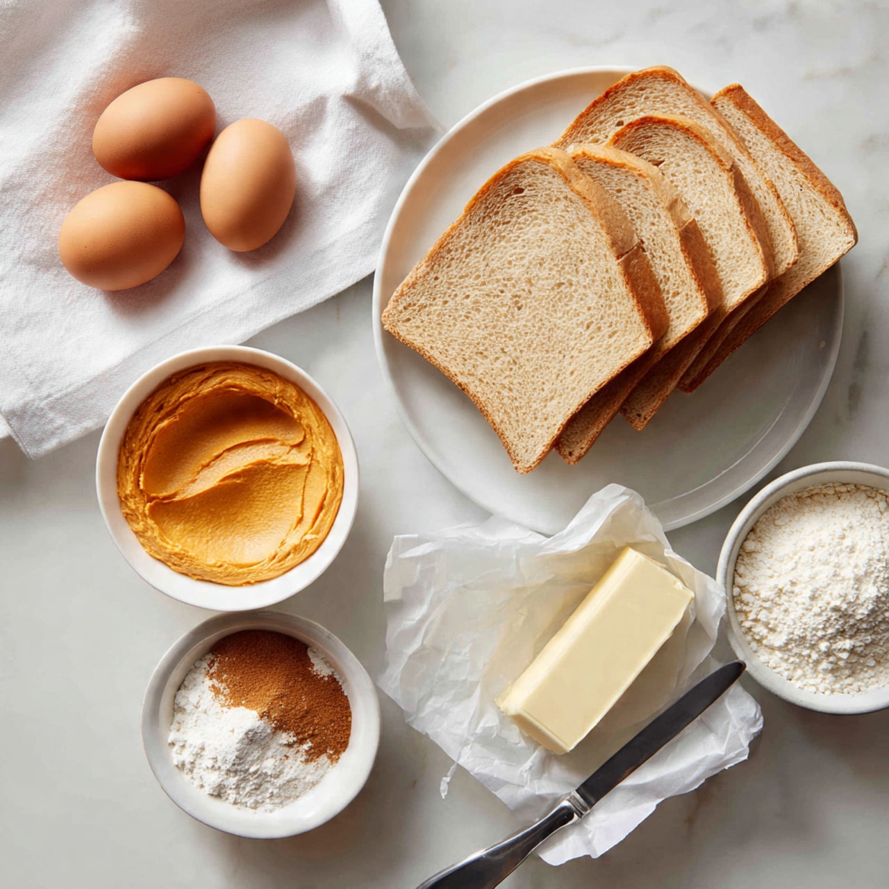 A white marbled table shows a spread of food items: three brown eggs on a white cloth in the top left, a white bowl with smooth orange spread in the center, a white plate with several light brown bread slices stacked overlapping on the right, a white bowl with a mix of white and brown powder in the bottom left, and a small block of pale yellow butter partially wrapped in white paper with a silver knife resting on it in the bottom right. The scene is softly lit, with all elements neatly arranged. photo taken with an iphone --ar 4:5 --v 7