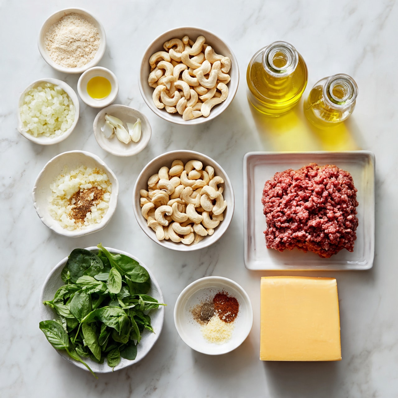 The image shows several ingredients arranged neatly on a white marbled surface. At the center, there are white bowls filled with pale cashew nuts and fresh green leafy herbs. Surrounding them are smaller white dishes containing minced onion, minced garlic, ground pepper, and ginger powder, plus a larger white bowl with red ground meat. There is also a block of pale yellow cheese, two clear glass bottles with metal tops, one filled with yellow oil, and a yellow carton of broth. The clean layout highlights the different colors and textures of the ingredients clearly. Photo taken with an iphone --ar 4:5 --v 7