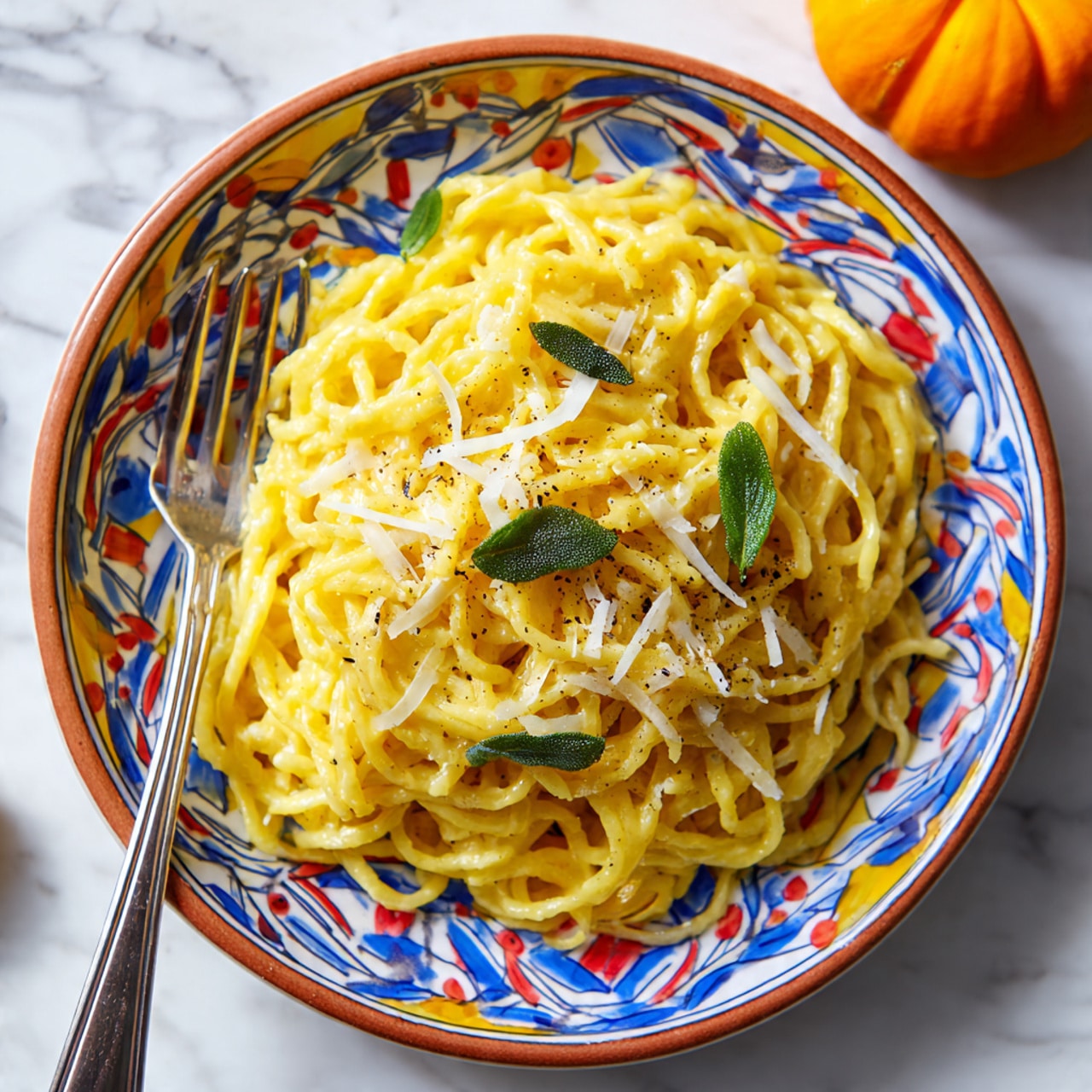 A colorful plate with intricate blue, yellow, red, and white patterns holds a serving of creamy yellow noodles with a smooth texture, topped with a few green bay leaves and some thin shavings of white cheese scattered on top. A fork rests on the left side of the plate, slightly digging into the noodles. The background has a white marbled texture, and a small orange pumpkin is placed in the upper left corner, partially out of focus. Photo taken with an iphone --ar 4:5 --v 7