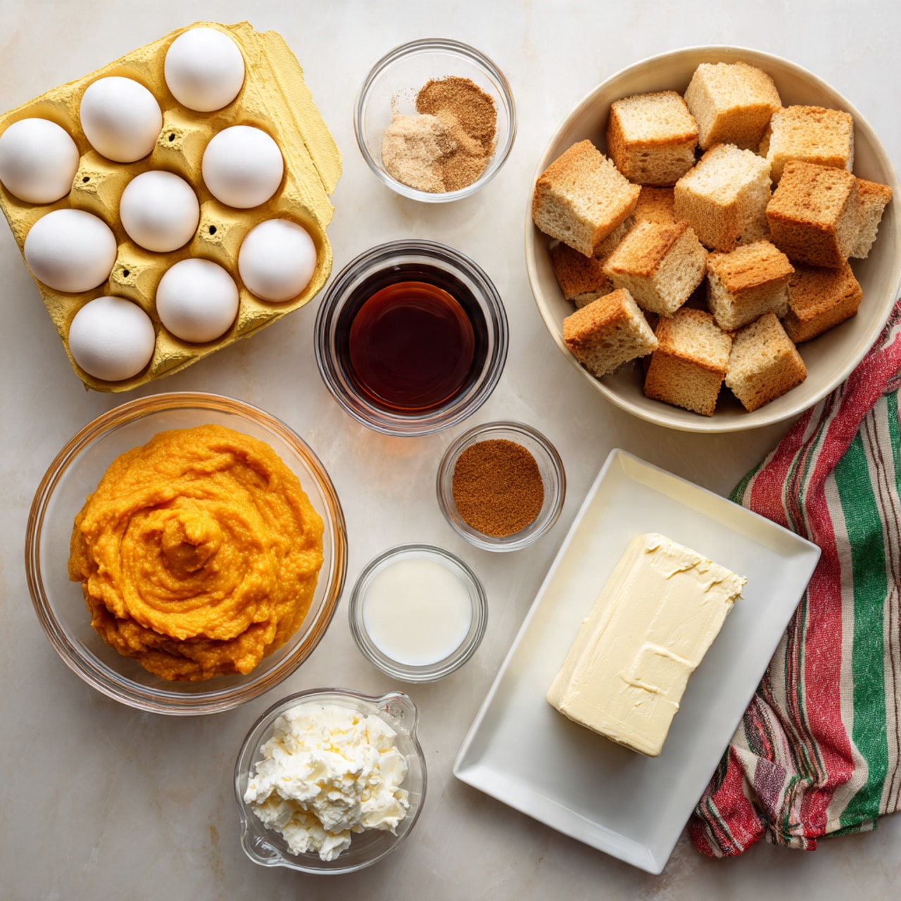 The image shows different ingredients for a recipe arranged on a white marbled surface. In the top right, there is a large bowl filled with small square pieces of bread. Below it on the right side, a white rectangular plate holds a solid block of cream cheese. To its left, there is a small glass bowl filled with dark brown liquid, and next to it, a tiny bowl with a brown spice powder. In the bottom center, two glass measuring cups contain white and light cream liquids. On the bottom left side, a round glass bowl holds thick orange pumpkin puree. At the top left, an open light yellow egg carton shows four white eggs inside. A cloth with red, green, and white stripes lies beneath some of the items. photo taken with an iphone --ar 4:5 --v 7