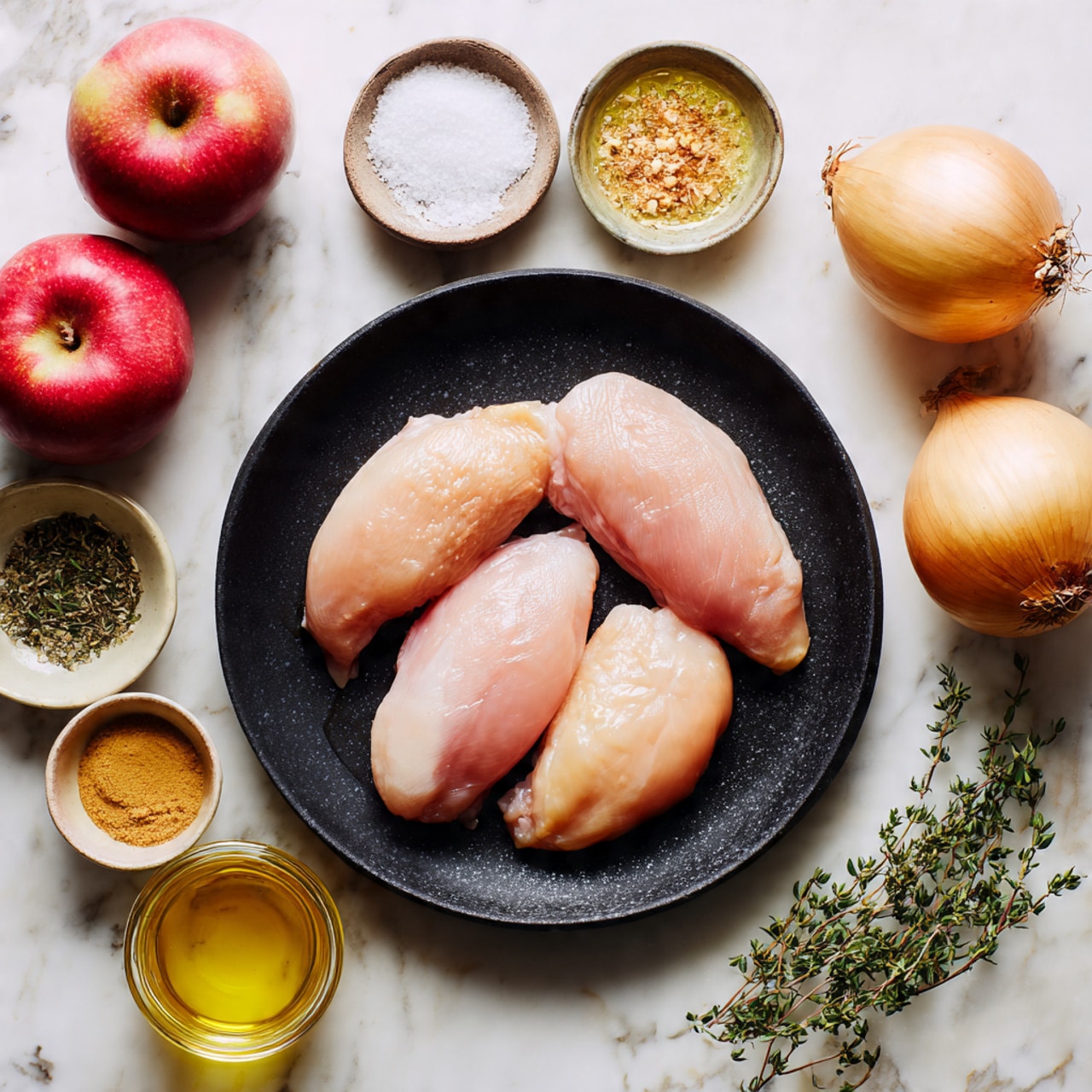 A black plate in the center holds four pieces of raw pale pink chicken, smooth in texture and slightly shiny. Around the plate on a white marbled surface, there are three golden-yellow onions with dry skin near the top right, two bright red apples with smooth skin at the top left, and small bowls of ingredients including coarse white salt, black pepper, a green herb, a small pile of yellow oil, a round golden liquid, a light brown paste, and a jar filled with light orange liquid. A small sprig of fresh thyme is near the bottom right. photo taken with an iphone --ar 4:5 --v 7