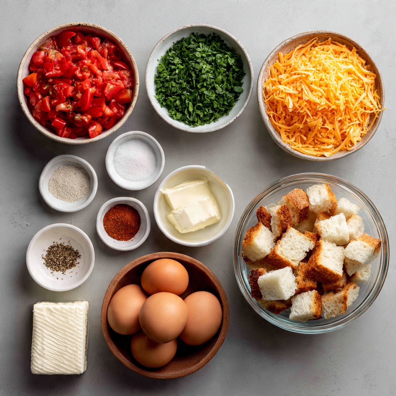 The image shows a white marbled surface with small clear glass bowls arranged neatly, each containing different ingredients for cooking. There is a bowl with bright red chopped tomatoes in the top left, a bowl with finely chopped green herbs next to it, and a bowl filled with shredded orange cheese on the right side. On the bottom left, there is a small bowl with a white powdery seasoning, another with a dark spice, and a couple of other small bowls with light brown spices. In the middle, there are six brown eggs placed together, and to the right, a glass bowl contains thick white bread cubes mixed with some brown toasted pieces. At the bottom left corner, there is a wrapped block of cream cheese. The arrangement looks clean and ready for cooking. Photo taken with an iphone --ar 4:5 --v 7