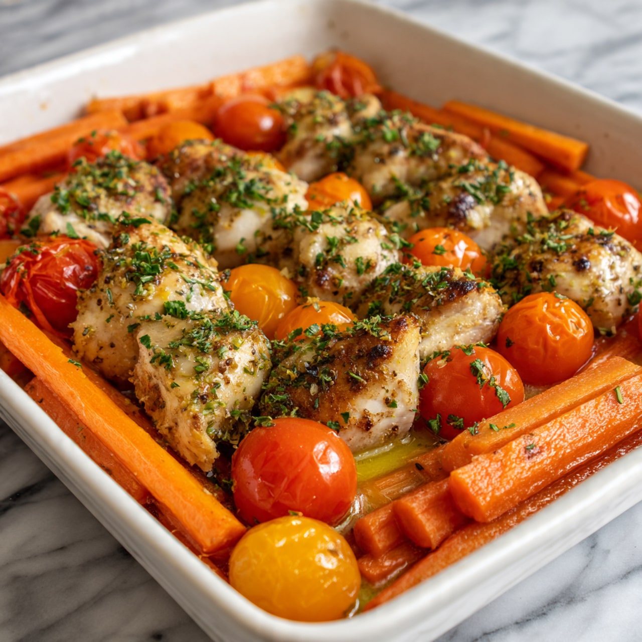 The image shows a white tray filled with cooked food arranged in layers. The base layer is made of whole golden cherry tomatoes and long orange carrot sticks, some slightly browned from cooking. On top of this, there are several pieces of light brown seasoned chicken, sprinkled with green herbs. The carrots and tomatoes surround and overlap the chicken pieces, with some toasted bits visible. The background surface is a white marbled texture. photo taken with an iphone --ar 4:5 --v 7