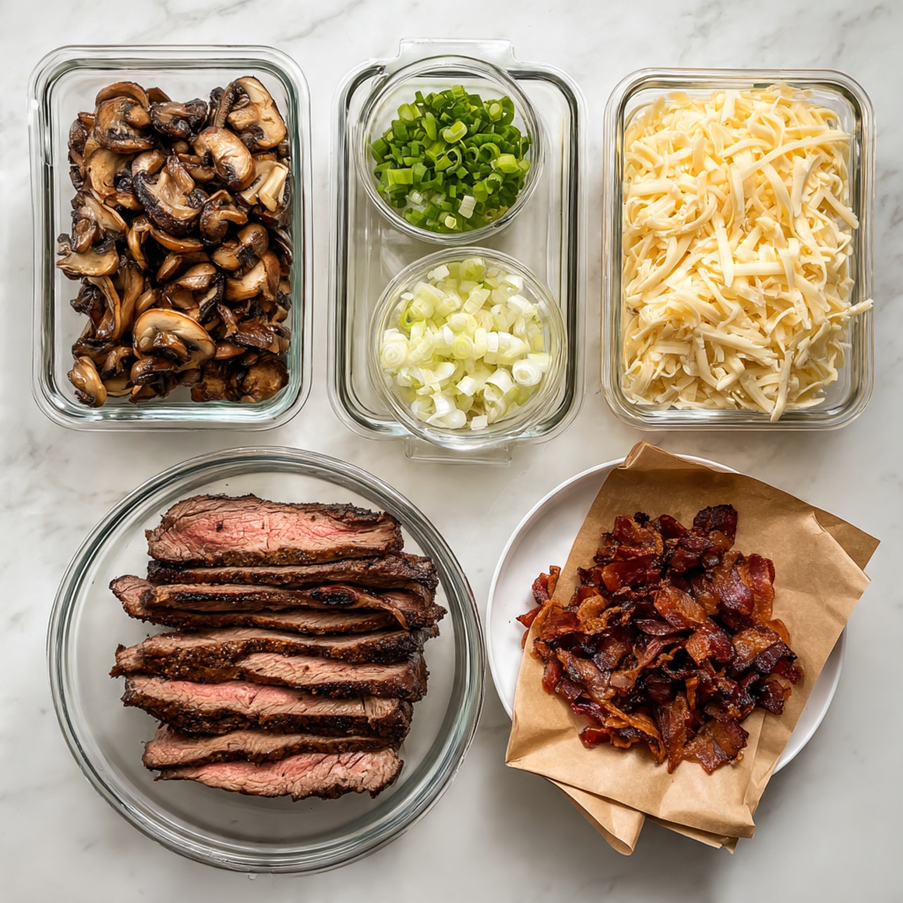 The image shows five containers with different food items arranged on a white marbled surface. In the bottom left, a large clear glass bowl holds sliced pieces of grilled steak, showing a mix of pink inside and charred brown edges, layered thickly and stacked high. Toward the top left, a smaller clear plastic container is filled with sautéed mushrooms that are dark brown and slightly shiny. Next to it, on the top center, a small glass bowl contains chopped green onions with various light green and white rings. On the right side, a white plate is heaped with shredded pale yellow cheese, piled thickly. At the bottom right, another glass bowl lined with paper towels holds small, crispy pieces of cooked bacon that are dark reddish-brown. Photo taken with an iphone --ar 4:5 --v 7