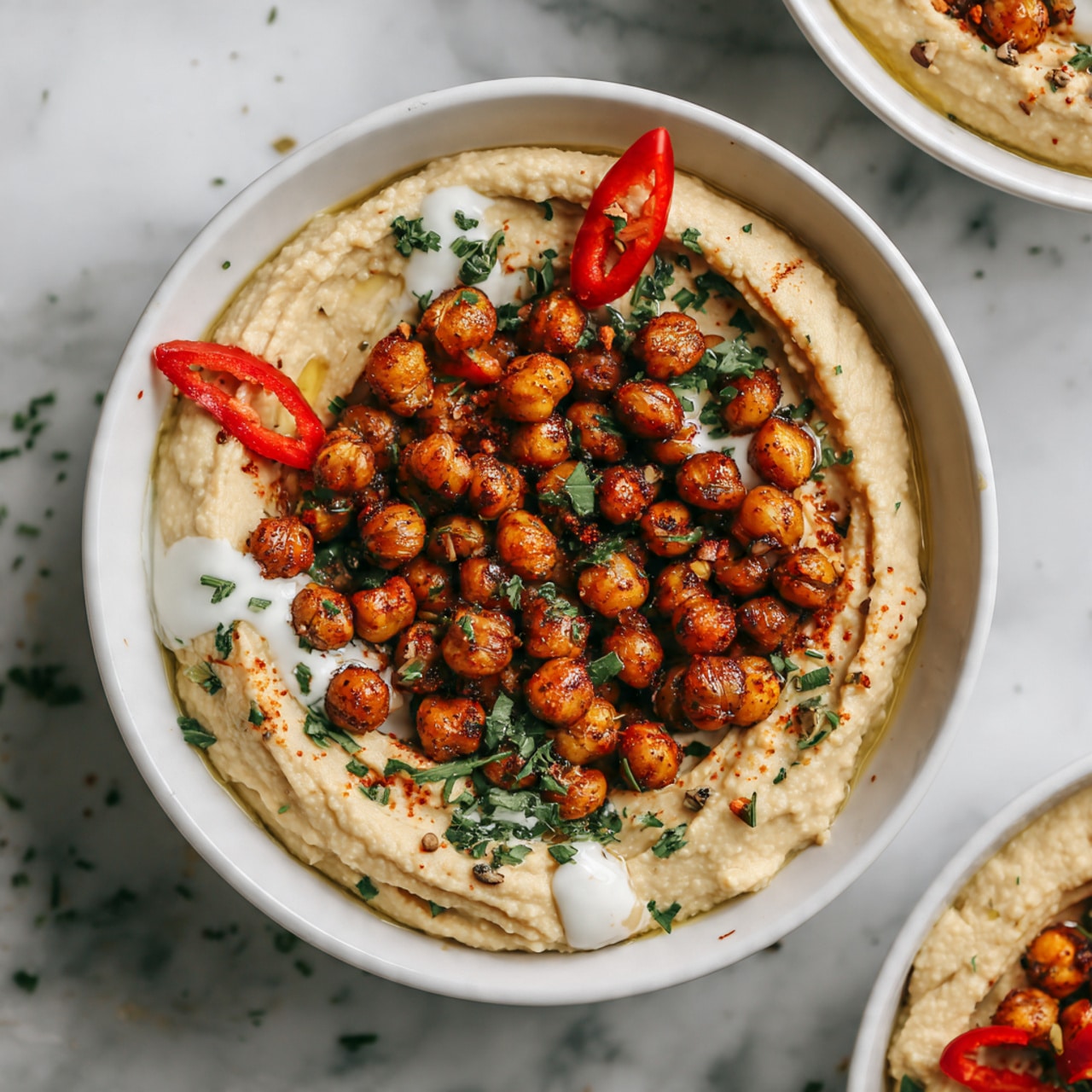 The image shows a round white bowl filled with a smooth, light beige hummus spread evenly as the base layer. On top, there is a ring of golden brown roasted chickpeas scattered mainly near the edge, with some green chopped herbs sprinkled around for a fresh touch. Two small red chili slices sit on one side, adding a bright pop of color. There are small dollops of white creamy sauce placed along the top near the chickpeas. The bowl is placed on a white marbled surface with another similar bowl partly visible in the background. Woman's hand is not visible in this image. Photo taken with an iphone --ar 4:5 --v 7