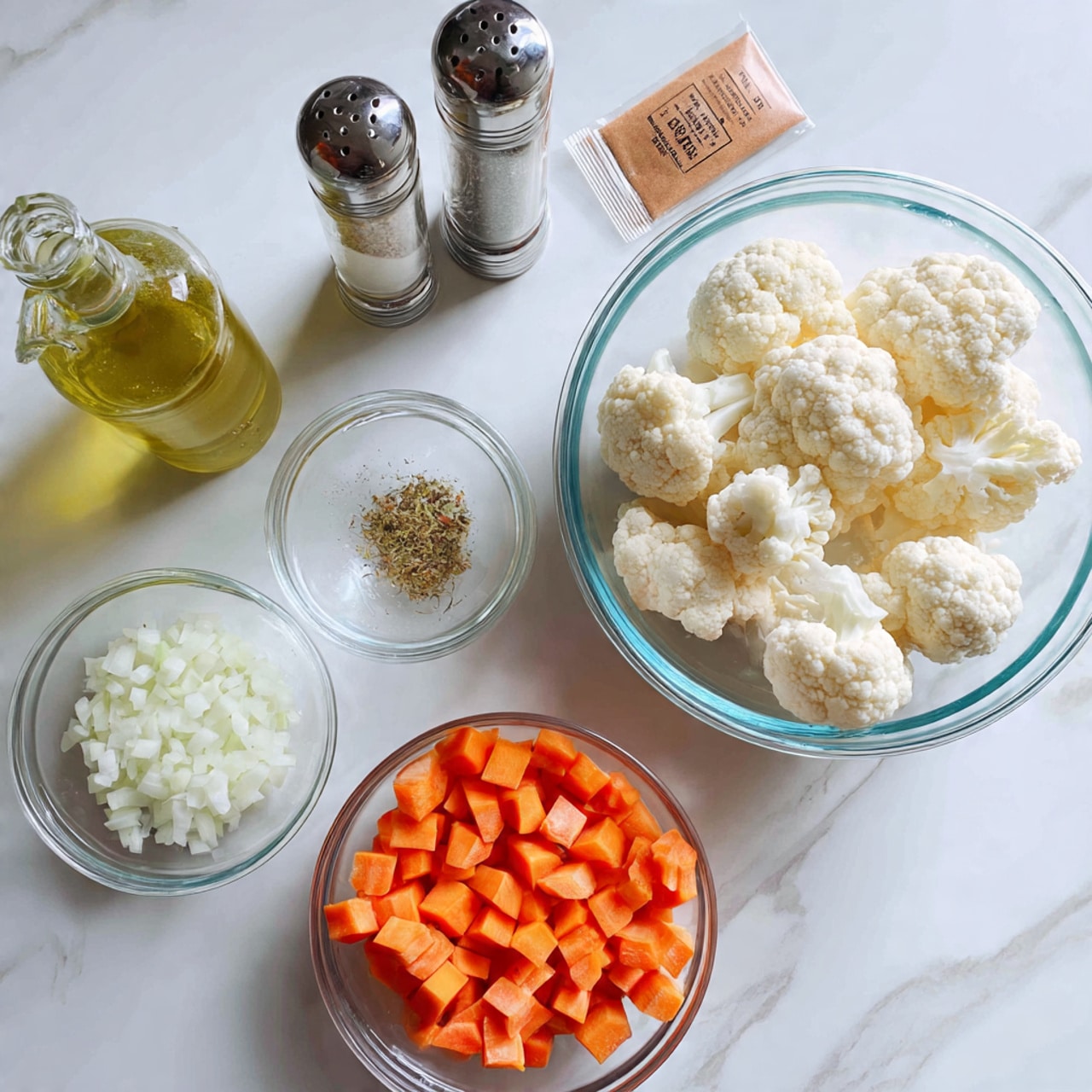 The image shows ingredients arranged neatly on a white marbled surface, ready for cooking. There is a clear glass bowl filled with large, white cauliflower pieces on the right side. Next to it, towards the bottom, is another clear glass bowl containing small, bright orange cubes of carrots. Near the bottom left corner, there is a small clear bowl filled with finely chopped white onions. Above the onion bowl, a tiny clear bowl holds minced garlic. To the top left, a clear glass bottle with light yellow oil stands upright. Two tall salt and pepper grinders are placed on the top right side. In the center, a clear glass measuring cup contains water. At the very top center, a brown spice mix packet leans slightly backward. The overall scene is clean, bright, and organized with a balanced mix of textures and colors on a white marbled background. Photo taken with an iphone --ar 4:5 --v 7