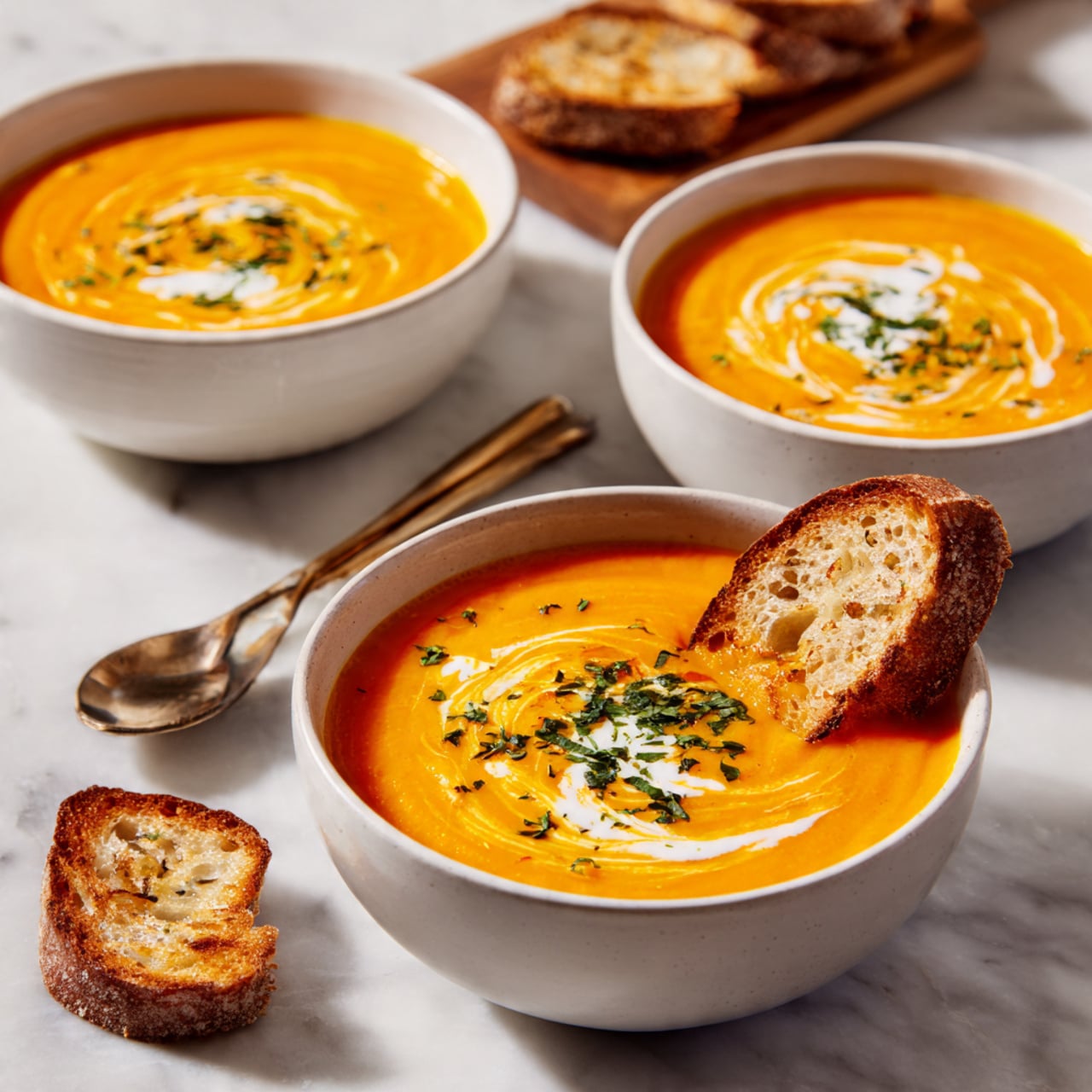 Three white bowls filled with bright orange creamy soup sit on a white marbled surface. Each bowl is garnished with a swirl of white cream and a small sprinkle of green herbs on top. One bowl in the front has a golden toasted slice of bread resting on its edge showing a crunchy texture. A spoon and a wooden board with more toasted bread are placed nearby. The scene looks warm and inviting with soft natural light. Photo taken with an iphone --ar 4:5 --v 7