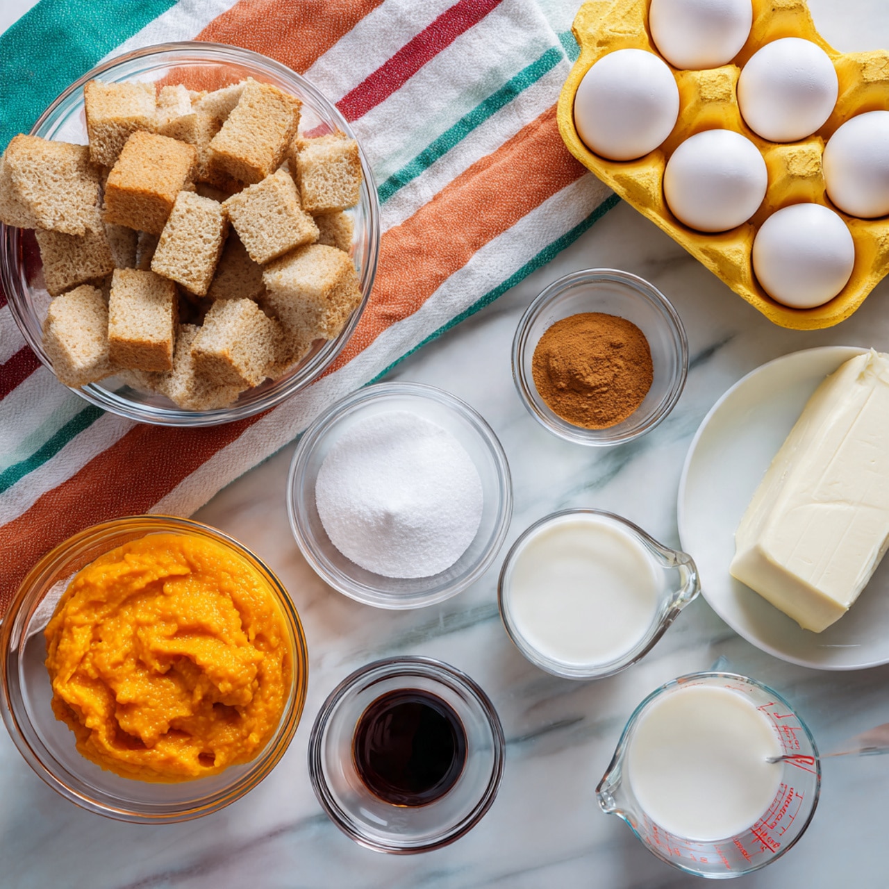 The image shows several clear glass bowls and a white plate arranged on a white marbled surface. There is one large bowl at the top filled with light brown bread cubes. Below it, on the left, a glass bowl holds bright orange pumpkin puree with a smooth texture. Next to it, a medium glass bowl filled with white sugar, and a smaller bowl with brown cinnamon powder sits nearby. On the right, a small bowl filled with dark liquid, possibly vanilla extract, is displayed. Two glass measuring cups, one with white milk and the other with cream, are placed in the bottom right corner. A white plate on the right holds a block of soft white cream cheese. A yellow carton with white eggs lies on the top left. These elements are arranged on a cloth with red, white, turquoise, and orange stripes. Photo taken with an iphone --ar 4:5 --v 7