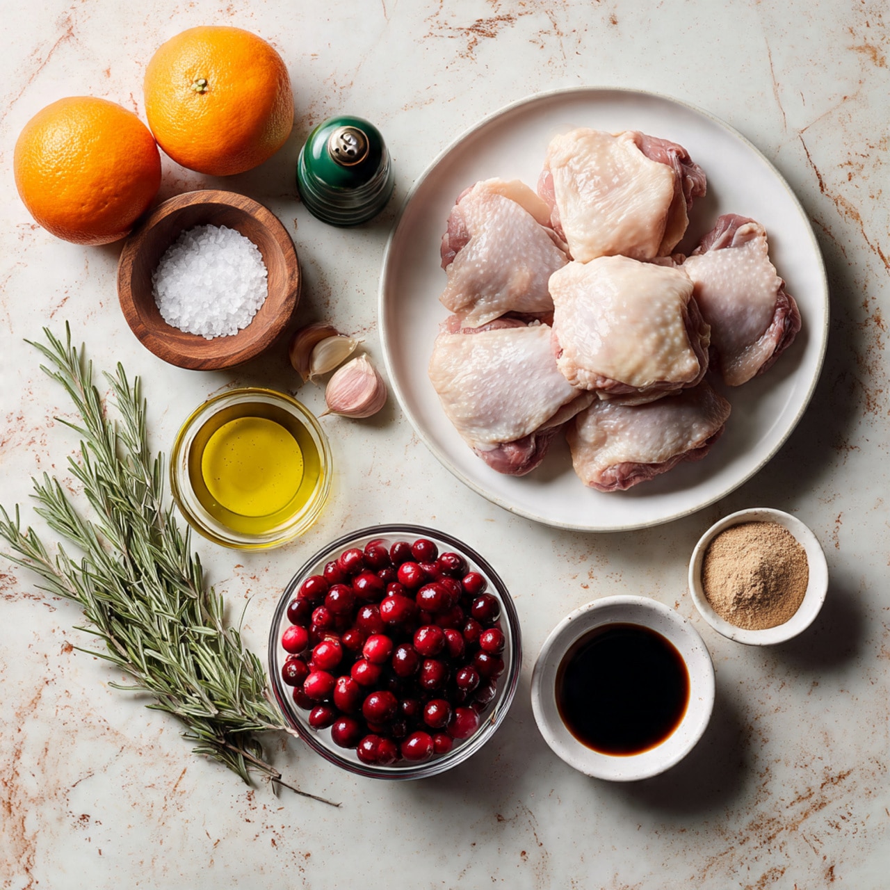 The image shows a flat lay of raw ingredients on a white marbled surface, including a white plate on the top right filled with several pieces of raw chicken thighs with skin. To the left of the chicken, there is a small wooden bowl filled with salt, a green pepper grinder, and two sprigs of fresh rosemary. Below these, a small white bowl with olive oil is beside two cloves of garlic, and a glass bowl filled with fresh red cranberries sits near the center. To the right of the cranberries, there is another small white bowl containing a dark liquid, likely soy sauce or balsamic vinegar, and a separate small white bowl holding a light brown powder, possibly ground ginger or cinnamon. Two whole oranges sit in the top left corner, adding a bright orange color to the layout. The arrangement is neat and evenly spaced, with each item clearly visible. Photo taken with an iphone --ar 4:5 --v 7