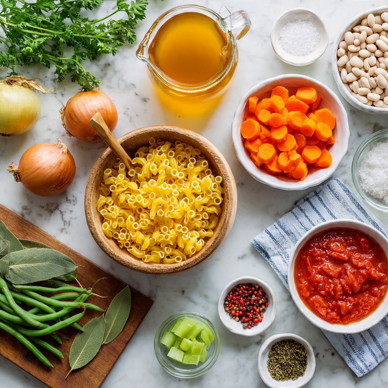 The image shows a variety of fresh and dry ingredients arranged neatly on a white marbled surface. At the center is a wooden bowl filled with small yellow pasta with a wooden spoon inside it. To the right, there is a white bowl full of bright orange carrot slices and another white bowl with red chopped tomatoes in juice, next to a light cloth with blue stripes. Above the wooden bowl is a glass bowl filled with white beans and next to it is a glass jug of golden broth. On the left side, a wooden cutting board holds a yellow onion, a bunch of fresh green beans, and two bay leaves. Around the cutting board are small bowls of different spices including dried herbs, crushed red chili flakes, and salt. There are also celery pieces in a glass bowl and fresh parsley herbs on the top left. The overall scene is clean and colorful, showing fresh ingredients ready for cooking. photo taken with an iphone --ar 4:5 --v 7