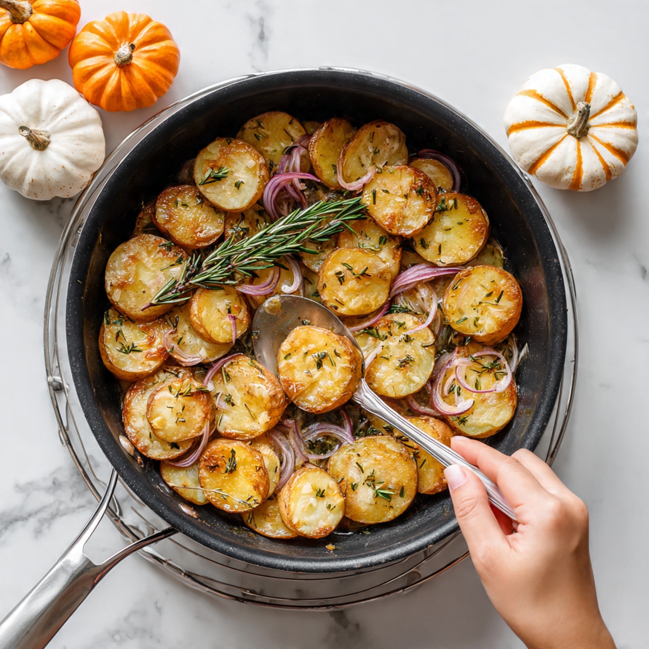 The image shows a black pan filled with golden brown sliced potatoes cooking in a light sauce, mixed with thin slices of red onions and fresh sprigs of green rosemary. A woman's hand holds a silver spoon inside the pan, gently stirring the ingredients. The pan rests on a white wire rack above a white marbled surface. Around the pan, there are a few small white and orange pumpkins and a couple of apples, adding a warm, autumn feeling to the setting. photo taken with an iphone --ar 4:5 --v 7