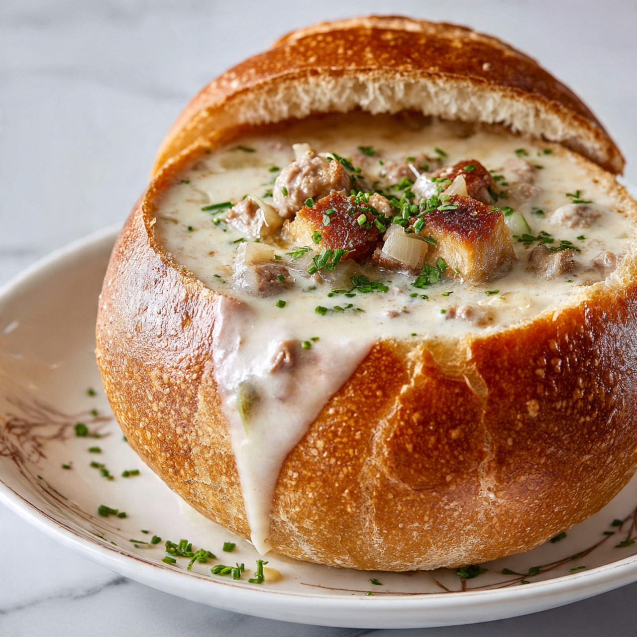 A round bread bowl with a crusty, golden brown outer layer and a soft light beige inside holds a creamy white soup filled with small light brown meat pieces and soft chunks of onion, all topped with a sprinkle of finely chopped green herbs. The soup slightly drips down the side of the bread bowl. The bread lid sits behind the bowl on a white plate with faint olive patterns, placed on a white marbled surface. photo taken with an iphone --ar 4:5 --v 7