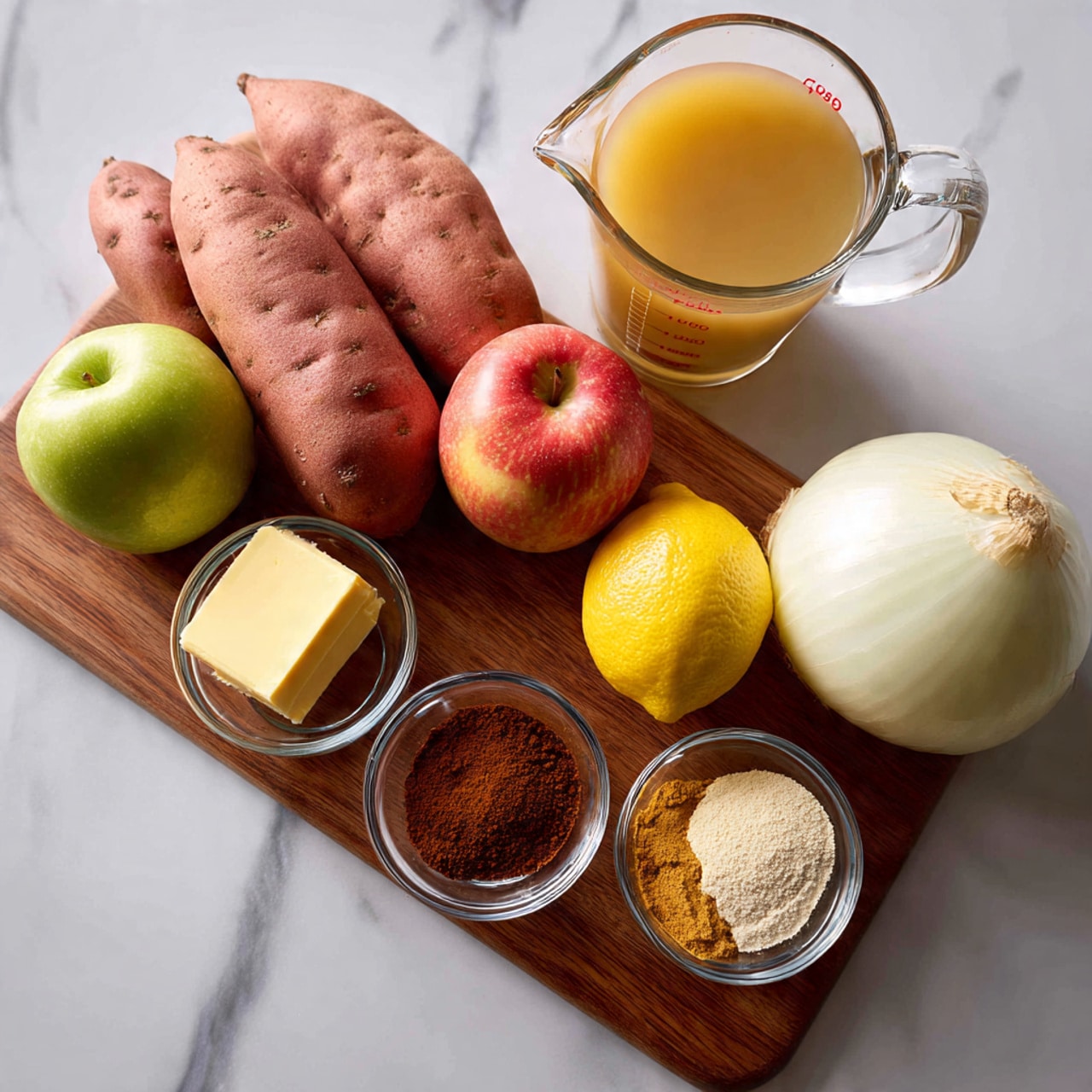 The image shows a wooden board with several cooking ingredients neatly arranged. On the left side, there are four reddish sweet potatoes stacked in two rows. Next to them is a pale green and red apple, followed by a bright yellow lemon near the center. A large white onion sits on the right side of the board. In front of the lemon and onion, small glass bowls hold dark brown liquid, light brown powder, and a darker brown powder, placed from left to right. A small block of yellow butter rests near the bottom left corner. Above the board, there is a clear glass measuring cup filled with a light brown liquid. The background is a white marbled surface. photo taken with an iphone --ar 4:5 --v 7