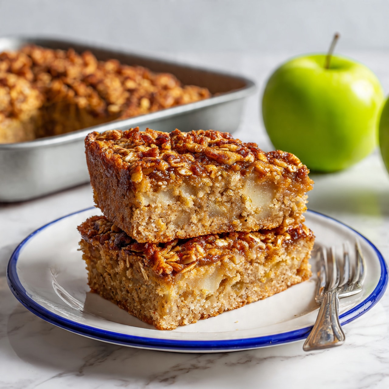 The image shows two thick slices of a dense, moist apple cake with a textured top layer of caramelized oats and nuts in brown tones, creating a crunchy crust. The inside of the cake is light beige with visible soft bits of apple. The slices are placed on a white plate with a blue rim and fork next to them. Behind the plate, there is a whole green apple and a metal baking pan, all resting on a white marbled surface. The photo is taken with an iphone --ar 4:5 --v 7