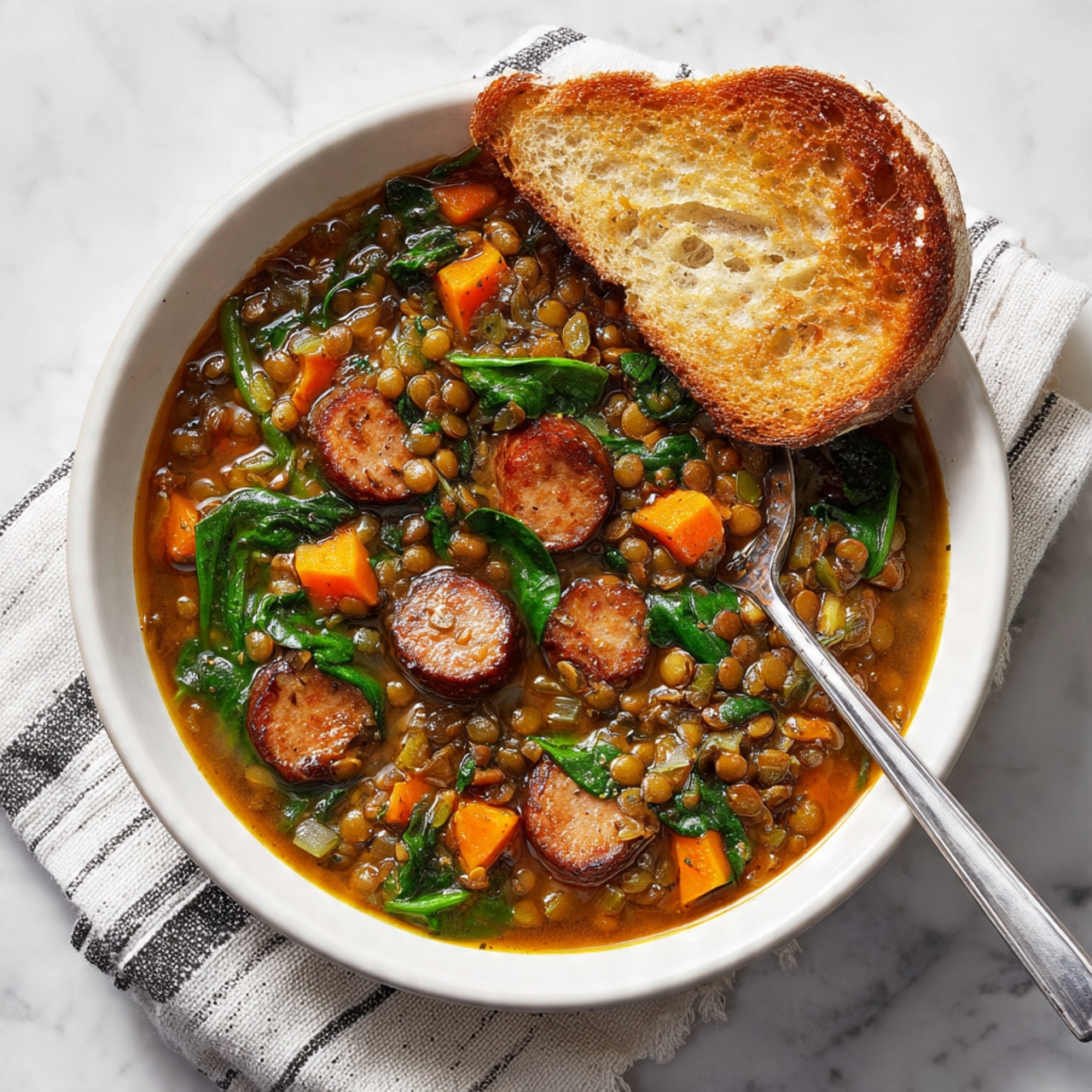 The image shows a white bowl filled with a thick stew made of green lentils, sliced brown sausage, orange carrot pieces, and wilted green spinach leaves, all mixed together in a rich, brownish-orange broth. On the right edge of the bowl, there is a lightly toasted brown slice of bread resting partially in the stew. A silver spoon is placed inside the bowl near the bread, lifting some of the stew. The bowl sits on a white cloth with thin black lines, on top of a white marbled surface. photo taken with an iphone --ar 4:5 --v 7