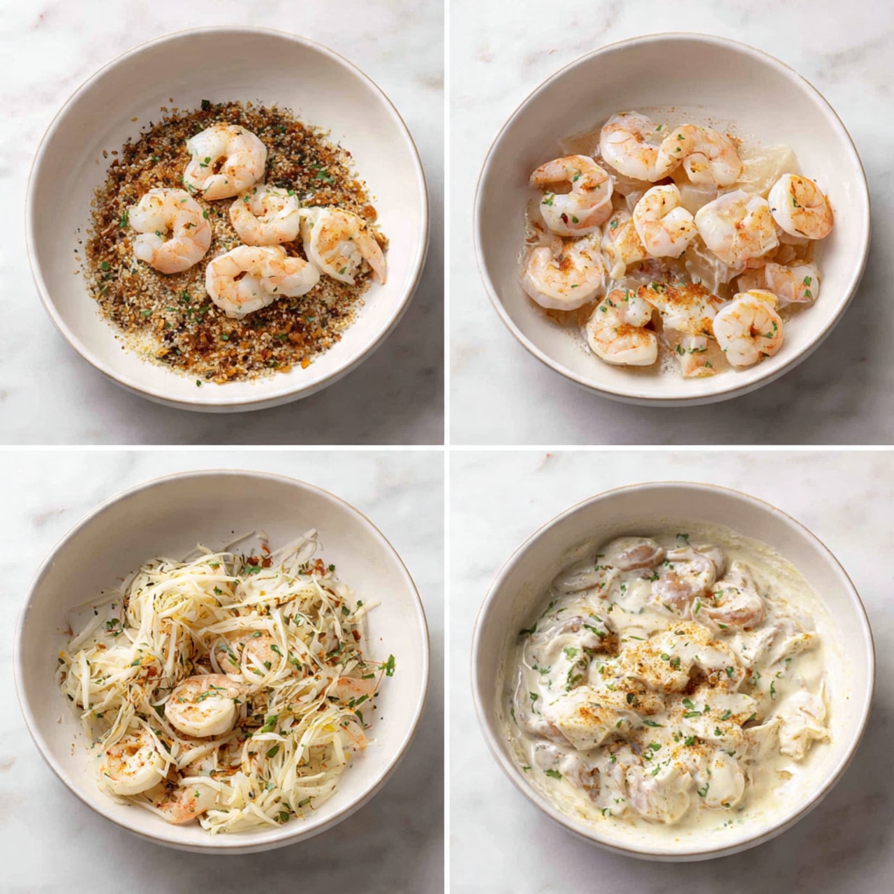 The image shows a six-step cooking process in a white bowl on a white marbled surface. Step 1 has a layer of raw shrimp, light pink with tails on, mixed with small herbs and spices in the bowl. Step 2 shows the shrimp now mixed with a grainy, brown base and herbs spread evenly. Step 3 has two large pale pink raw pieces placed on top of the shrimp and grains mixture. Step 4 shows these pieces shredded by a woman's hand, finely pulled apart into strips over the mixture. Step 5 shows the shredded pieces fully mixed with a creamy white sauce slowly spreading and covering most ingredients. Step 6 shows a creamy dish with shredded pieces and shrimp in a thick sauce with herbs, all blended and cooked; the texture looks soft and smooth. Photo taken with an iphone --ar 4:5 --v 7