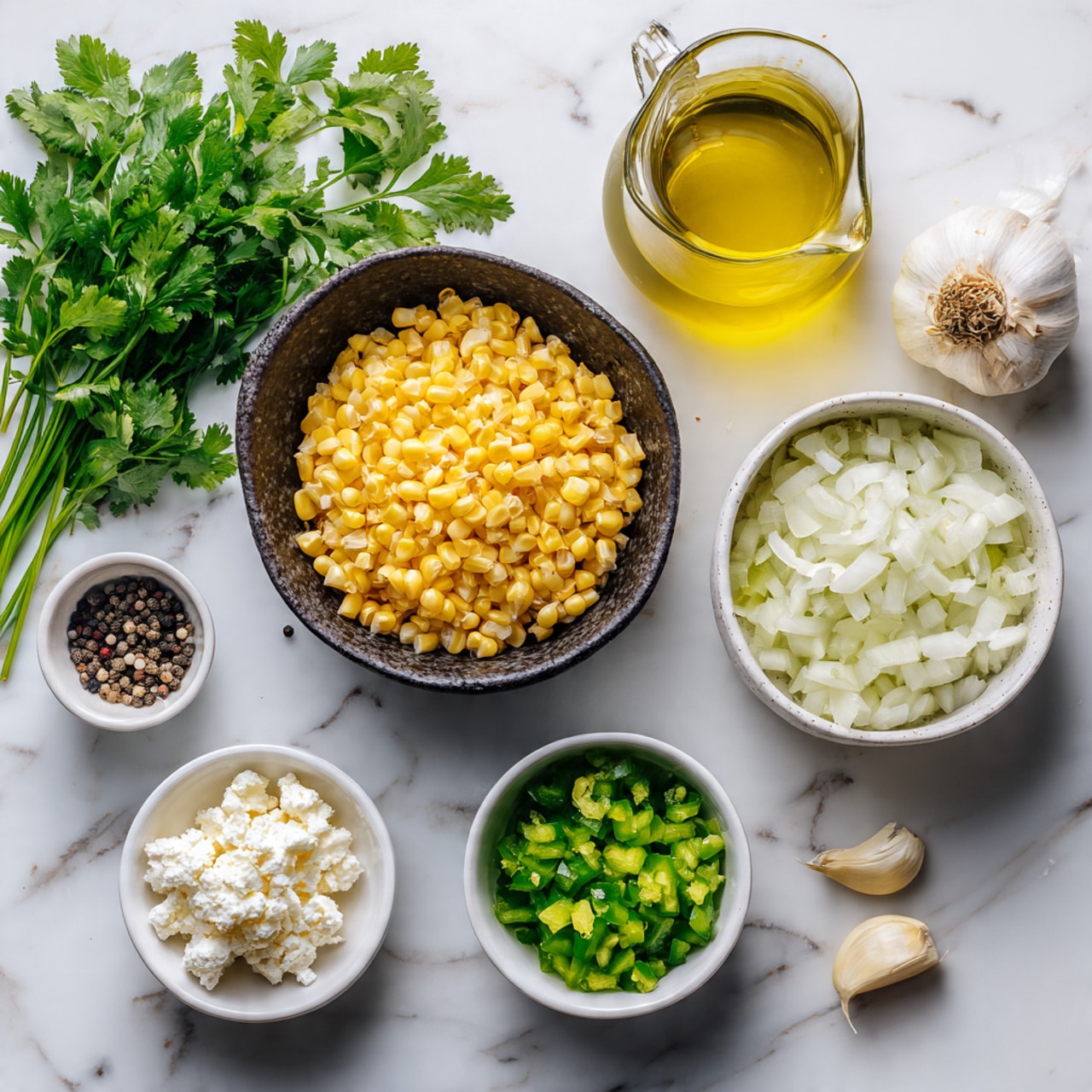 The image shows an overhead view of ingredients for a dish arranged on a white marbled surface. In the center, there is a dark bowl filled with yellow corn kernels. To the right, there is a white bowl with finely chopped white onions and a smaller white bowl containing chopped green peppers. To the left, there is a small white bowl with white crumbled cheese. Near the top, a glass pitcher with light yellow juice is visible, and next to it, a glass bottle with olive oil is placed. Fresh green coriander leaves are placed between the pitcher and the bowls. In the bottom left corner, there is a small pile of coarse black pepper and two cloves of garlic. Photo taken with an iphone --ar 4:5 --v 7