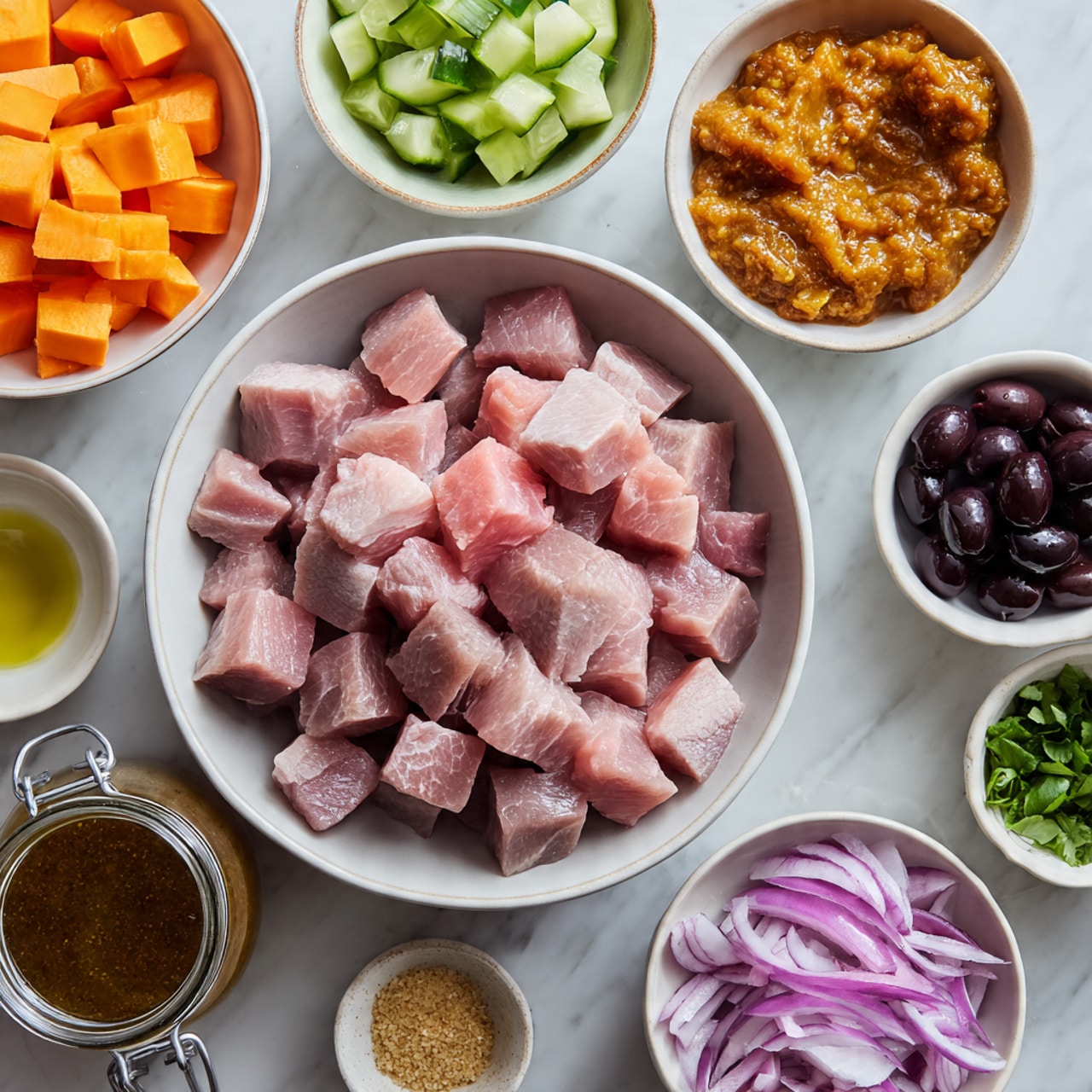 A white bowl holds medium-sized cubes of light pink raw meat, surrounded by smaller white bowls each with different ingredients: diced orange sweet potatoes, chopped red onions, dark olives, sliced green cucumbers, minced garlic, fresh green herbs, a yellowish oil, light brown granules, and a jar of brown sauce with a metal-latch lid. All bowls are arranged neatly on a white marbled surface. Photo taken with an iphone --ar 4:5 --v 7