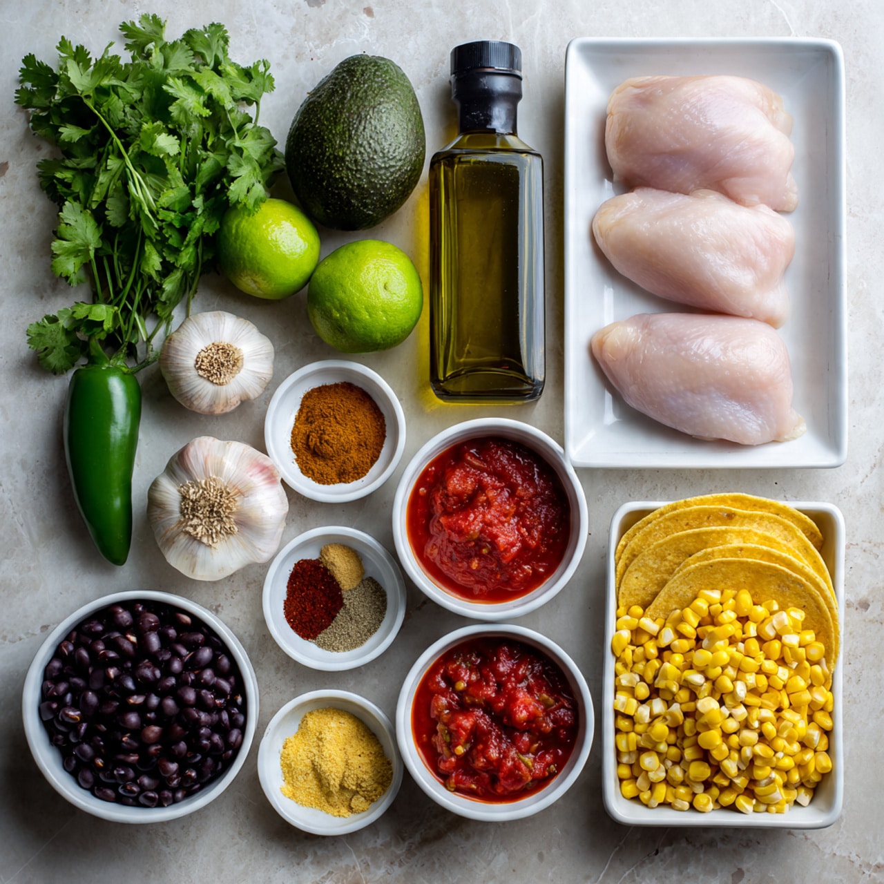 The image shows ingredients arranged neatly on a white marbled surface. There are two raw pale pink chicken pieces on a white rectangular plate at the top right. Next to it, a dark green bottle of avocado oil stands upright. Below, a white carton of chicken stock is placed vertically. On the left side, fresh green cilantro, a whole light brown onion, a green jalapeno, a bright green lime, two garlic cloves, and a dark green avocado are grouped together. Three small white bowls hold dark brown chili powder and golden cumin powder, while a larger white bowl contains bright yellow corn kernels. Another white bowl is filled with black beans, and the largest white bowl is filled with chunky red tomato sauce. Three light yellow corn tortillas lay stacked near the center. The colors create a bright, fresh, and organized look. photo taken with an iphone --ar 4:5 --v 7