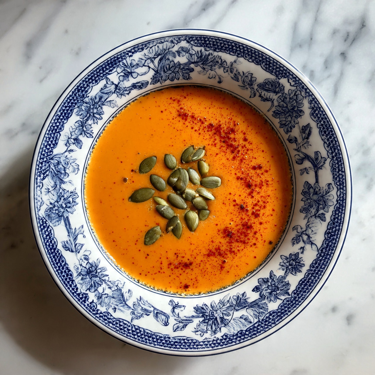 The image shows a deep white bowl with blue patterns around the edges, filled with smooth orange soup. The soup has a shiny surface with a sprinkle of small green pumpkin seeds in the middle, and a dusting of red spice lightly spread on top on one side. The bowl is placed on a white marbled surface. Photo taken with an iphone --ar 4:5 --v 7