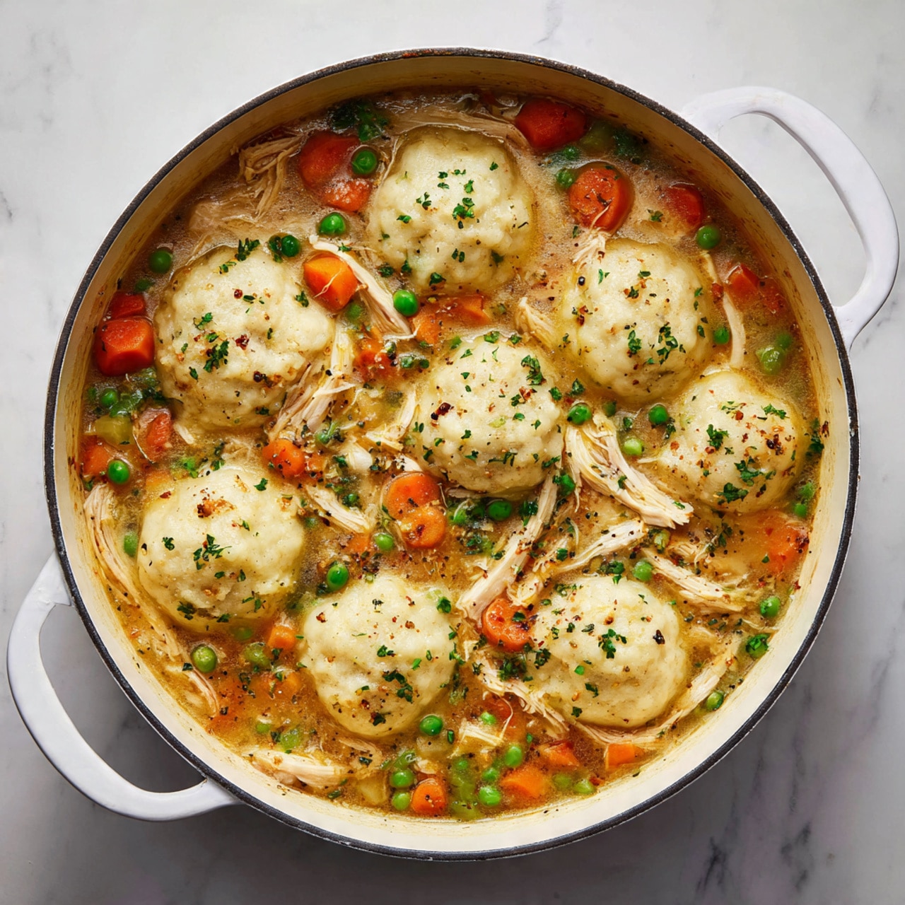 The image shows two raw chicken breasts placed on white parchment paper in the center. Around them are several small white bowls containing different ingredients: finely chopped white onions, a mixture of finely chopped orange carrots and green peas, dried green leaves, chopped fresh green herbs, white flour, a creamy white liquid, a light yellow liquid, and a clear liquid. These bowls are arranged neatly on a clean white marbled surface. The colors are bright and fresh with a clear focus on the raw ingredients for cooking. Photo taken with an iphone --ar 4:5 --v 7