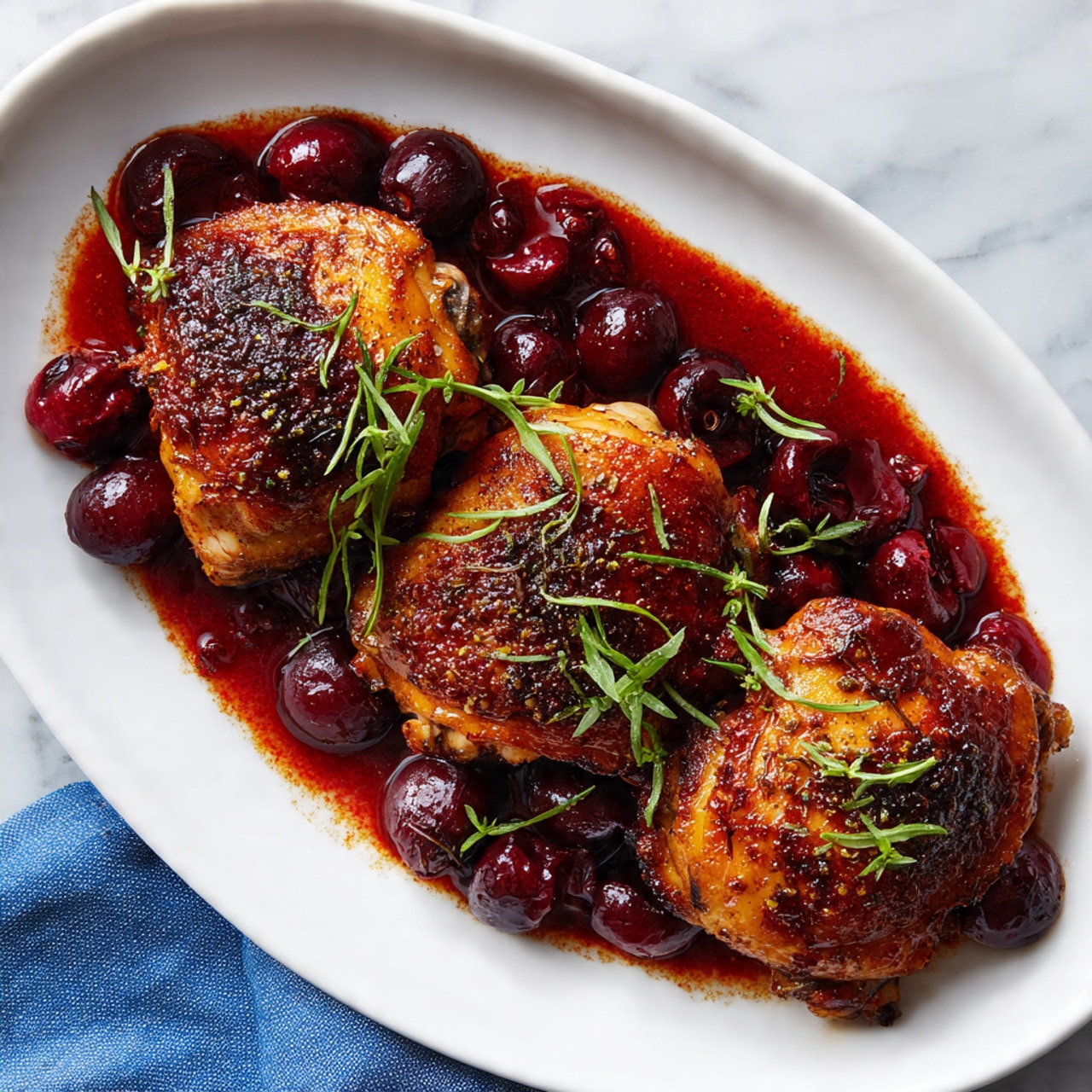 Three pieces of golden-brown cooked chicken thighs sit on a white oval plate, each with a crispy, slightly charred skin. They rest on a thick, rich red sauce made with whole cherries and cherry chunks, spread around the chicken and touching the plate edges. Fresh green herb sprigs are scattered on top of the chicken and sauce, adding a touch of contrast. The plate is set on a white marbled surface next to a blue cloth napkin. Photo taken with an iphone --ar 4:5 --v 7