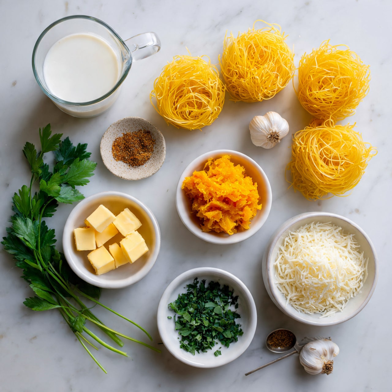 The image shows several ingredients laid out on a white marbled surface. There are six small white bowls arranged in a loose circle: one holds yellow butter chunks, another has orange mashed squash or pumpkin, a third contains white shredded cheese, the fourth has chopped garlic, and the last bowl holds fresh green herbs. Near the top of the image are six yellow pasta nests with a rough texture. A clear glass measuring cup filled with milk is near the left side, and some fresh green parsley leaves are placed next to it. A small spoon with brown spice powder sits near the bowls. The overall scene is bright and clean with simple natural colors photo taken with an iphone --ar 4:5 --v 7