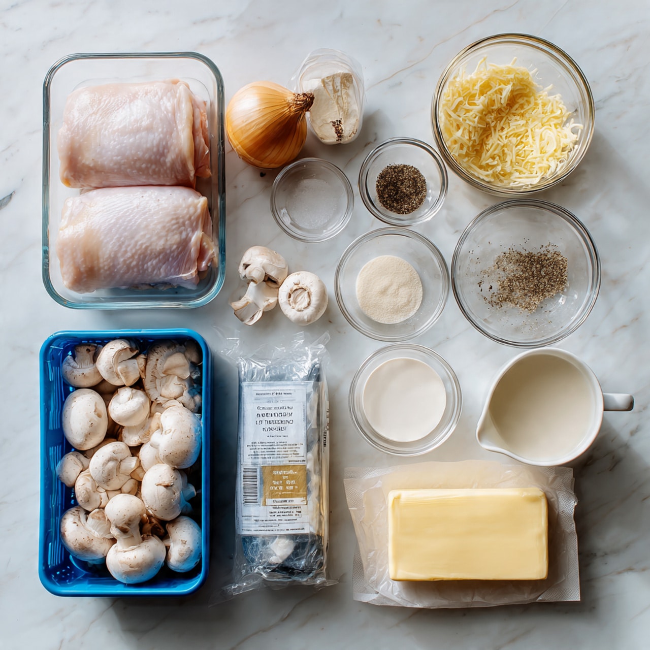 The image shows an overhead view of various raw cooking ingredients arranged neatly on a white marbled surface. On the left, two pieces of pale pink raw chicken lie inside a clear rectangular glass container. Below it, a blue plastic box contains whole white mushrooms wrapped in plastic with a visible label. To the right, a whole yellow onion and a smaller white garlic bulb sit beside each other. Several clear glass bowls hold different ingredients: black pepper, finely grated pale yellow cheese, white flour, salt, clear golden broth, and creamy white milk. A rectangular block of butter wrapped in paper is placed near the bottom right side. Photo taken with an iphone --ar 4:5 --v 7