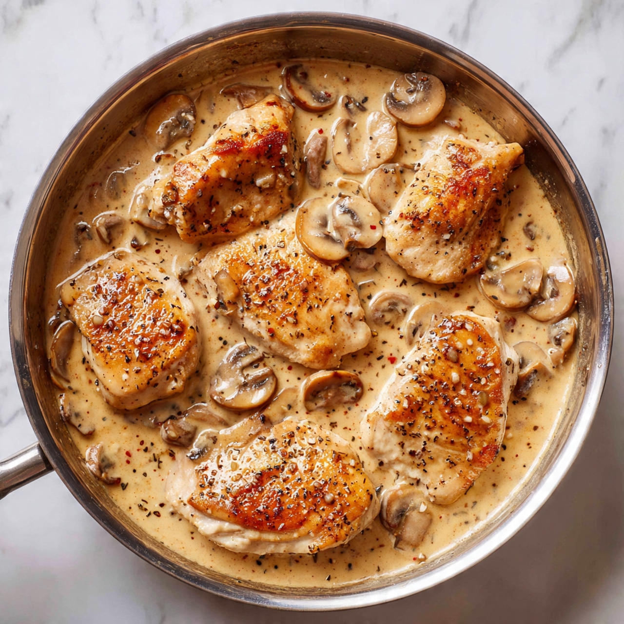 A stainless steel pan filled with several pieces of browned cooked chicken partially covered in a thick, creamy light tan sauce with visible small black pepper flakes and slices of cooked mushrooms scattered throughout the sauce. The chicken pieces are different sizes and nestled closely together, with the sauce smoothly coating the top of and around the chicken, creating a rich, creamy texture. The surface shows some natural shine due to the sauce's moisture. The background features a white marbled texture. Photo taken with an iphone --ar 4:5 --v 7