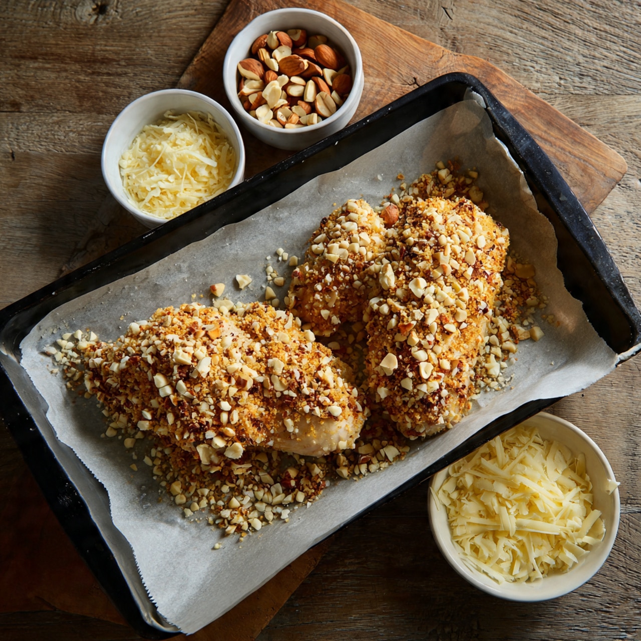 Two large chicken pieces covered with a thick layer of crushed nuts, giving a rough and crunchy texture, sit on top of a piece of baking paper that rests in a black baking tray. The color of the nut coating is light brown with some white and darker brown bits mixed in. The baking tray is placed on a wooden surface, and nearby there are three small round white bowls containing chopped nuts and shredded cheese. photo taken with an iphone --ar 4:5 --v 7