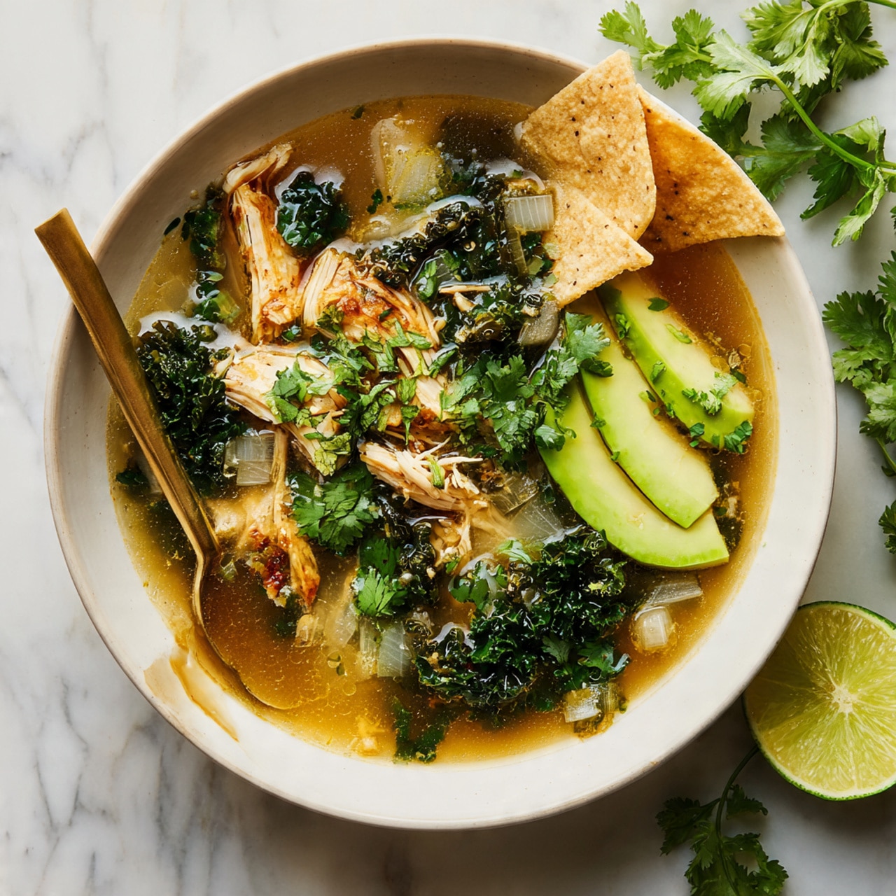 The image shows a white bowl filled with a clear soup layered with chunks of light-colored chicken, dark green leafy vegetables, and small bits of onion, all floating in a golden broth. On one side of the bowl, there are two light beige tortilla chips slightly dipped into the soup, and next to them are bright green slices of avocado along with fresh cilantro leaves. A gold spoon is placed inside the bowl with its handle resting on the side. The bowl is set on a white marbled surface with a lime half and some cilantro leaves nearby. Photo taken with an iphone --ar 4:5 --v 7