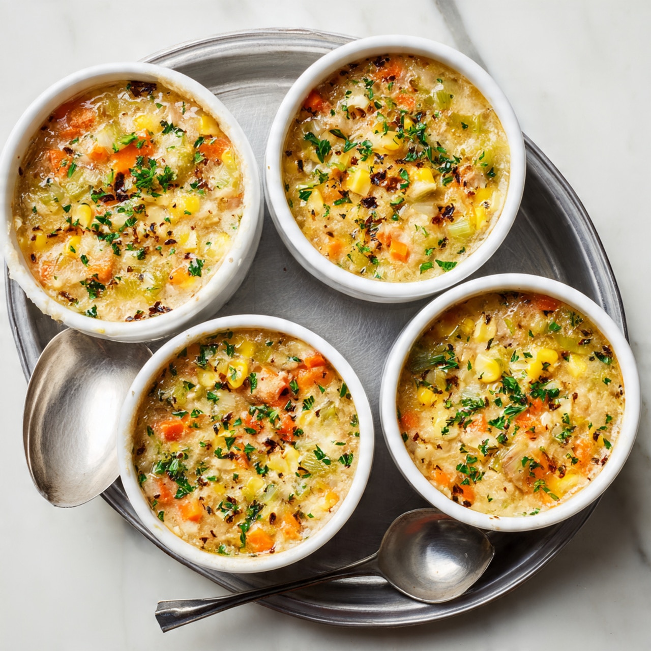 Four white round ramekins filled with a thick mixed vegetable soup that shows layers of small green herbs, diced orange carrots, yellow corn, and light green celery, with small pieces of white beans throughout. The ramekins are placed inside a silver metal tray on a white marbled surface. The soup has a slightly glossy texture with visible bits of vegetables spread evenly in each ramekin. photo taken with an iphone --ar 4:5 --v 7