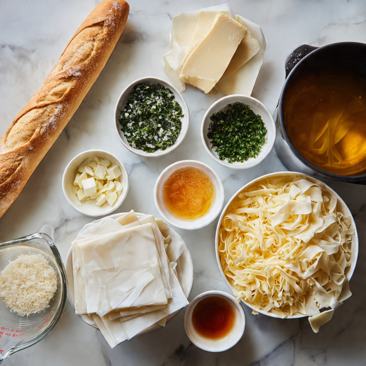 The image shows a white marbled surface with various small white bowls and a medium black pot, all arranged neatly for making a recipe. The black pot is filled with large, flat, white pasta sheets, and next to it is a white bowl piled high with shredded pale yellow cheese, topped with a block of cheese. Surrounding these are several small white bowls containing different ingredients: a green herb mixture, small diced butter, a golden brown liquid, a light orange sauce, finely grated white cheese, and a darker brown sauce. There is also a glass measuring cup filled with clear liquid and a golden brown broth in a clear pot. On the left side, a long white baguette rests on the marbled surface. The overall look is clean and organized with soft natural light. Photo taken with an iphone --ar 4:5 --v 7