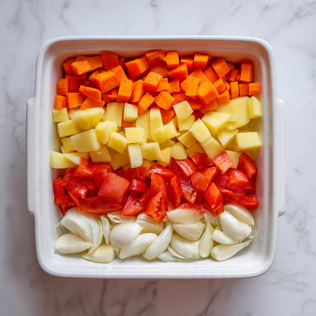 A white tray is filled with four layers of chopped vegetables placed next to each other in neat rows. The top layer consists of small, orange carrot pieces that have a smooth texture. Below the carrots, there is a layer of yellow diced potatoes that look soft and slightly wet. The third layer shows thick slices of red tomatoes with a bit of juice visible on their surface. The bottom layer features white garlic cloves with a smooth, shiny skin. The tray sits on a white marbled surface. Photo taken with an iphone --ar 4:5 --v 7