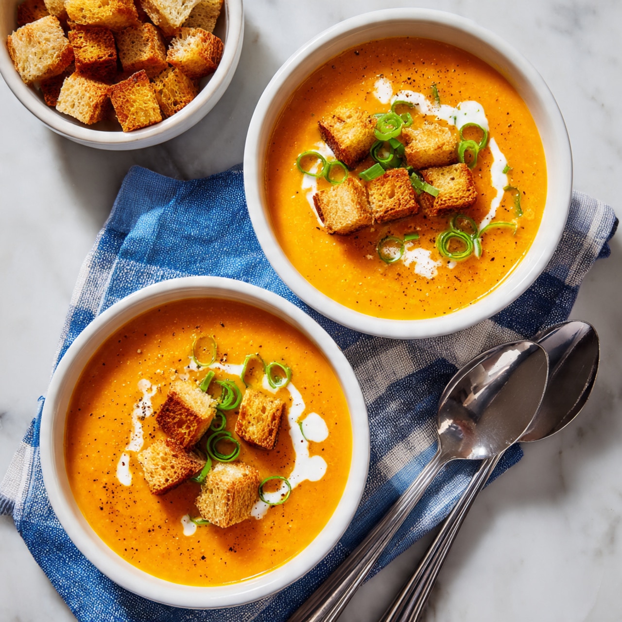 Two white bowls filled with thick orange soup sit on a blue and white checkered cloth placed on a white marbled surface. Each bowl is topped with several golden brown croutons, small chopped green onions scattered around, and a drizzle of white cream swirling on top. To the right of the bowls, two silver spoons rest on the cloth. In the top left corner, a partial view of a white bowl filled with more croutons is visible. The photo taken with an iphone --ar 4:5 --v 7