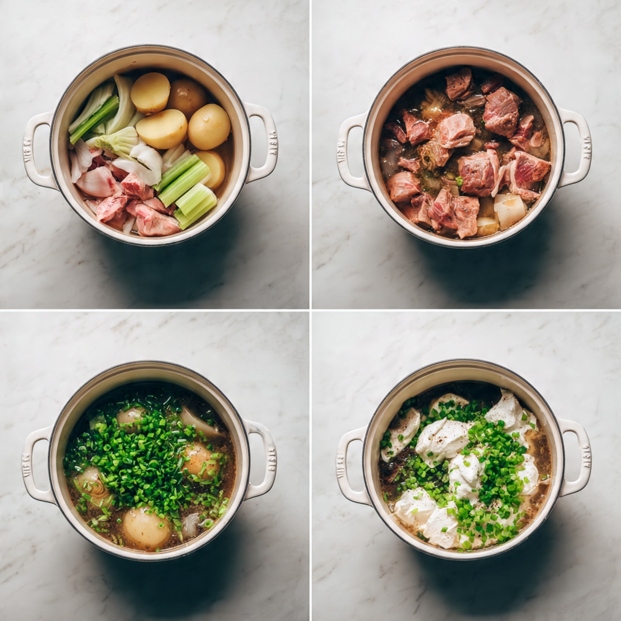 The image shows four small photos arranged in a grid, each displaying different steps of cooking in a white pot on a white marbled surface. In the first photo, raw ingredients are placed on a white marbled surface: chunks of pink meat, celery stalks, potatoes, onions, spices, and liquid in containers. The second photo shows the white pot with browned pink meat pieces cooking in a liquid base. The third photo adds green chopped celery on top of the meat within the pot, creating a layered look with pink and green textures. The fourth photo shows the same pot with the celery now mixed in and topped with dollops of white cream, giving a creamy texture on top of the greens and meat underneath. photo taken with an iphone --ar 4:5 --v 7
