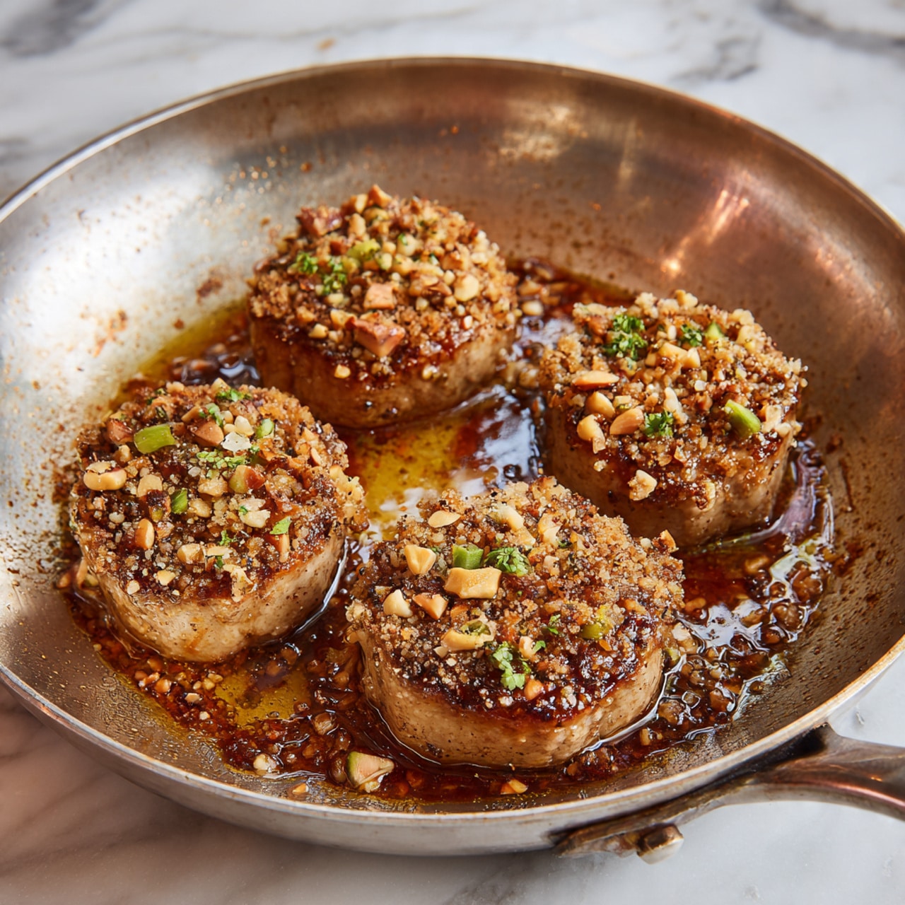The image shows four golden brown cooked meat pieces in a pan, each piece topped with a chunky, textured layer of minced nuts and herbs, giving a rough surface with small nut bits and a few green herb specks scattered on top; the pan holds a small pool of shiny, oily sauce around the meat, enhancing the warm, rich colors of the dish. The pan has a slightly browned inside with cooking marks, placed on a white marbled surface. photo taken with an iphone --ar 4:5 --v 7