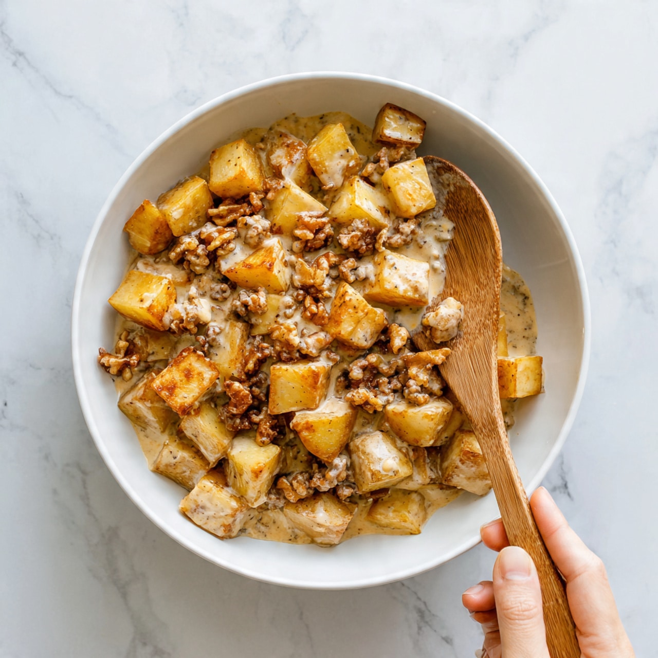 The image shows a close-up view of a dish in a white bowl filled with golden brown roasted potato cubes mixed with a creamy sauce containing small pieces of ground meat or textured bits scattered throughout. A wooden spoon is stirring the mixture, with a woman's hand holding it from the right side of the frame. The potato cubes have a crispy texture and are evenly cooked with a warm, orange-brown color. The creamy sauce is light beige with a slightly thick texture, coating the potatoes in several spots. The background is a white marbled surface. Photo taken with an iphone --ar 4:5 --v 7
