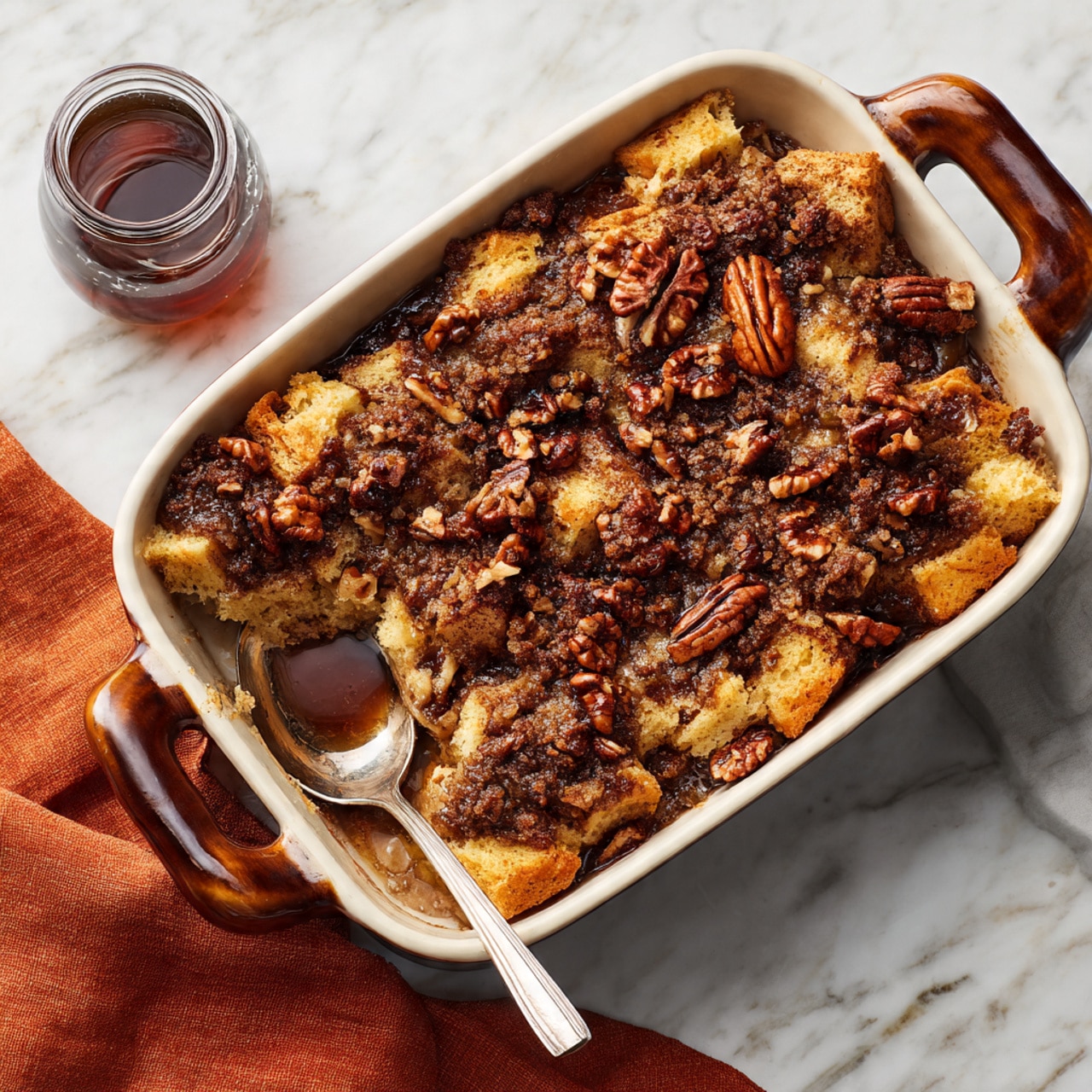 A white ceramic baking dish with brown handles holds a layered dessert. The bottom layer consists of soft, golden brown chunks of sweet bread soaked with a warm syrup. On top, there’s a thick crumbly layer of light brown streusel mixed with dark brown pecan halves scattered all over, adding texture and richness. A shiny silver spoon is partially dipped into the dish, revealing the soft bread and nut topping inside. The dish rests on a white marbled surface, with a small jar of syrup on the side and an orange cloth napkin nearby. Photo taken with an iphone --ar 4:5 --v 7
