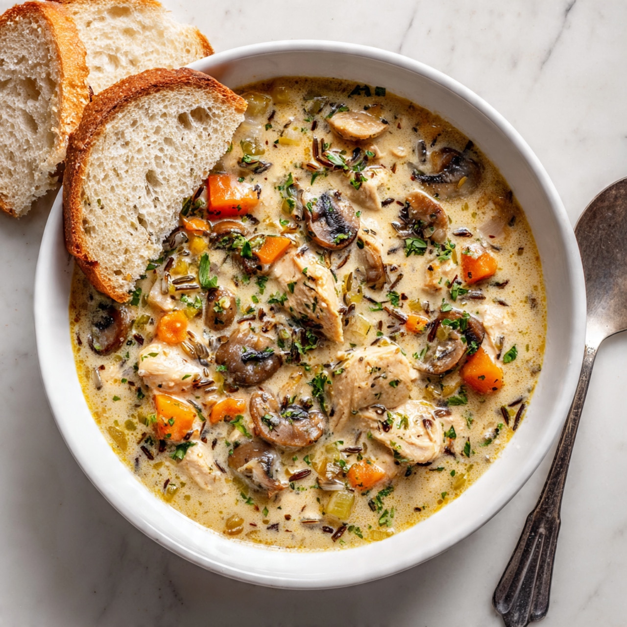A white bowl filled with creamy chicken and wild rice soup, showing a mix of tender chicken pieces, wild rice, orange carrot cubes, sliced mushrooms, and green herbs in a thick, light beige broth. Two slices of white bread rest at the top left edge of the bowl. A silver spoon is placed on the white marbled surface next to the bowl. In the background, a woman's hand holds a light-colored wooden rolling pin on the white marbled surface. photo taken with an iphone --ar 4:5 --v 7