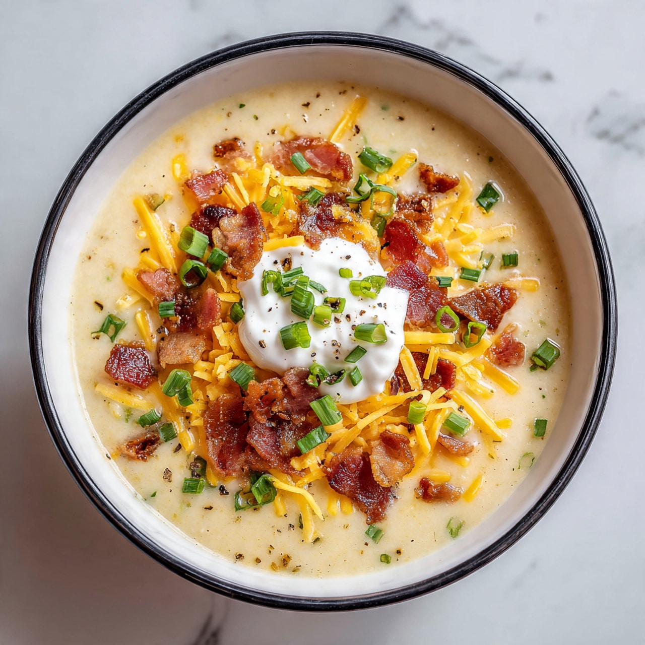 The image shows a bowl of creamy soup with three clear layers. The base is smooth and white, filling up most of the bowl. On top, there is a layer of shredded yellow cheese spread evenly. Scattered over the cheese are pieces of crispy browned bacon and small green onion slices adding color and texture. In the center, a dollop of white sour cream sits, contrasting with the warm colors under it. The bowl is white inside with a black rim, placed on a white marbled surface. The photo is taken with an iphone --ar 4:5 --v 7